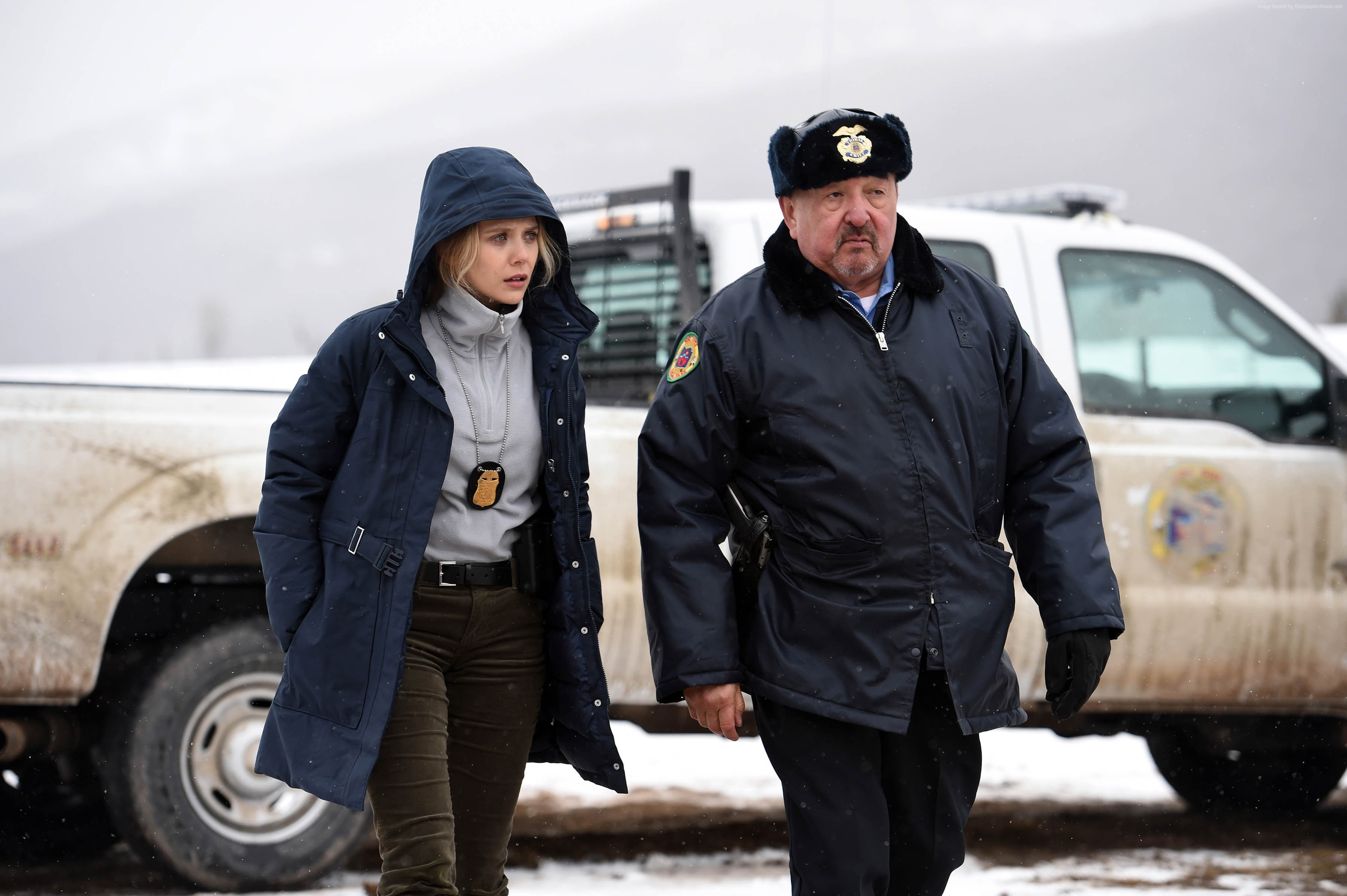 2K, land vehicle, uniform, clothing, Graham Greene, winter, warm clothing, transportation, front view, Elizabeth Olsen, two people, men, Wind River, males, HD Wallpaper