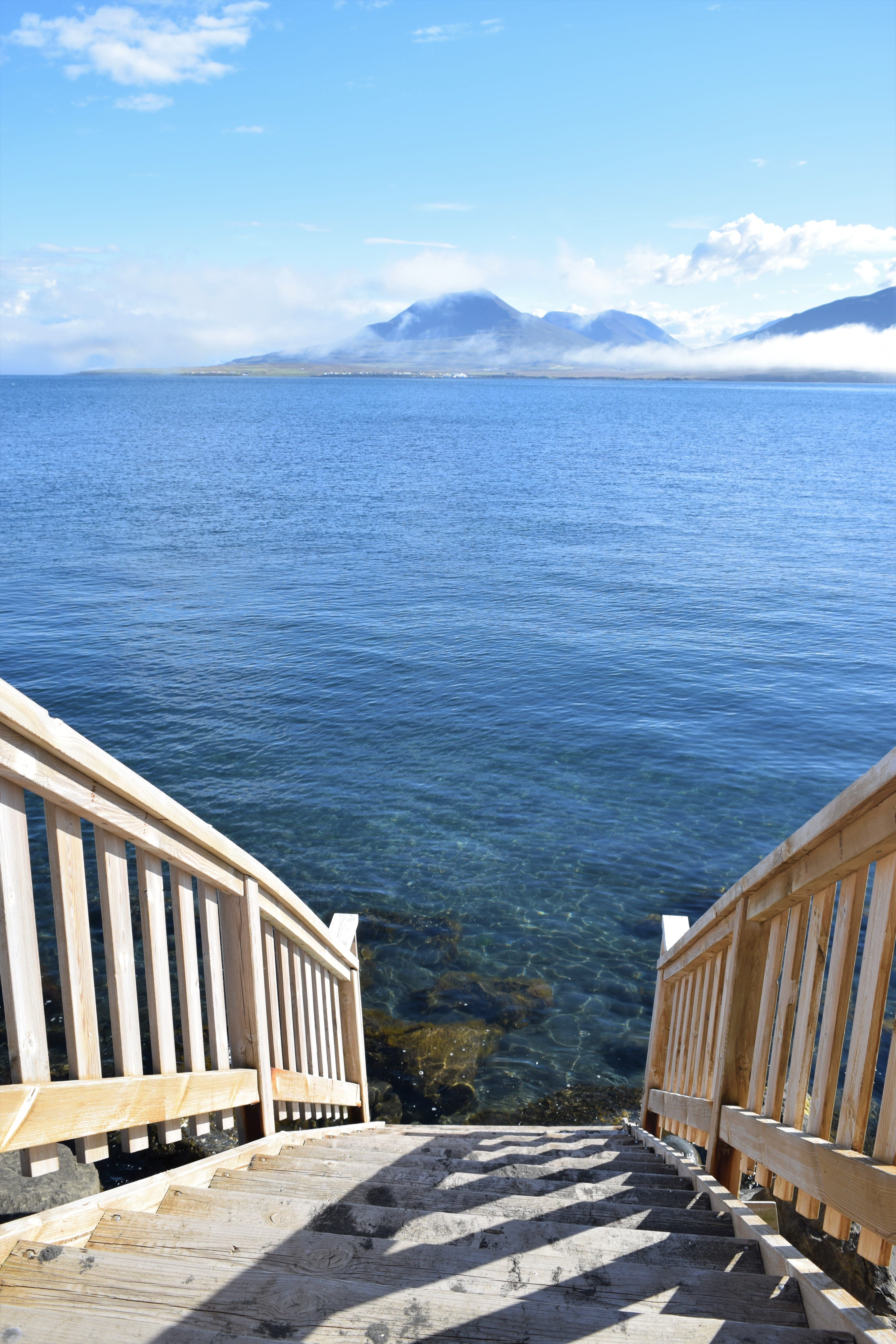 railing, sky, idyllic, water, wood - material, deep, swimming, scenics - nature, sun, ocean, mountains, tranquil scene, beauty in nature, stairs, descending, Phone HD Wallpaper