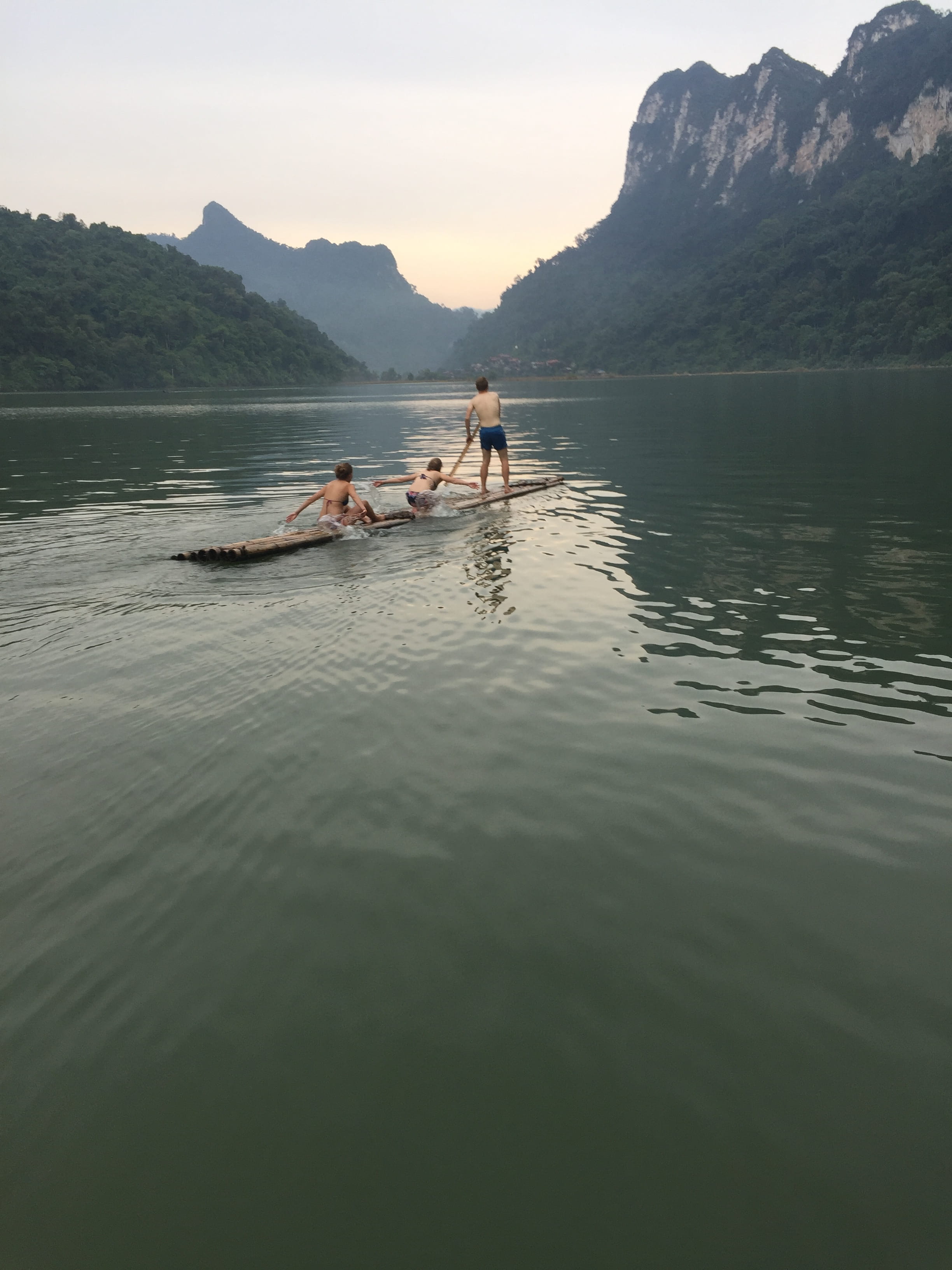 real people, Bamboo rafting, scenics - nature, beauty in nature, outdoors, transportation, landscape, water, 2K, three, leisure activity, togetherness, Phone HD Wallpaper