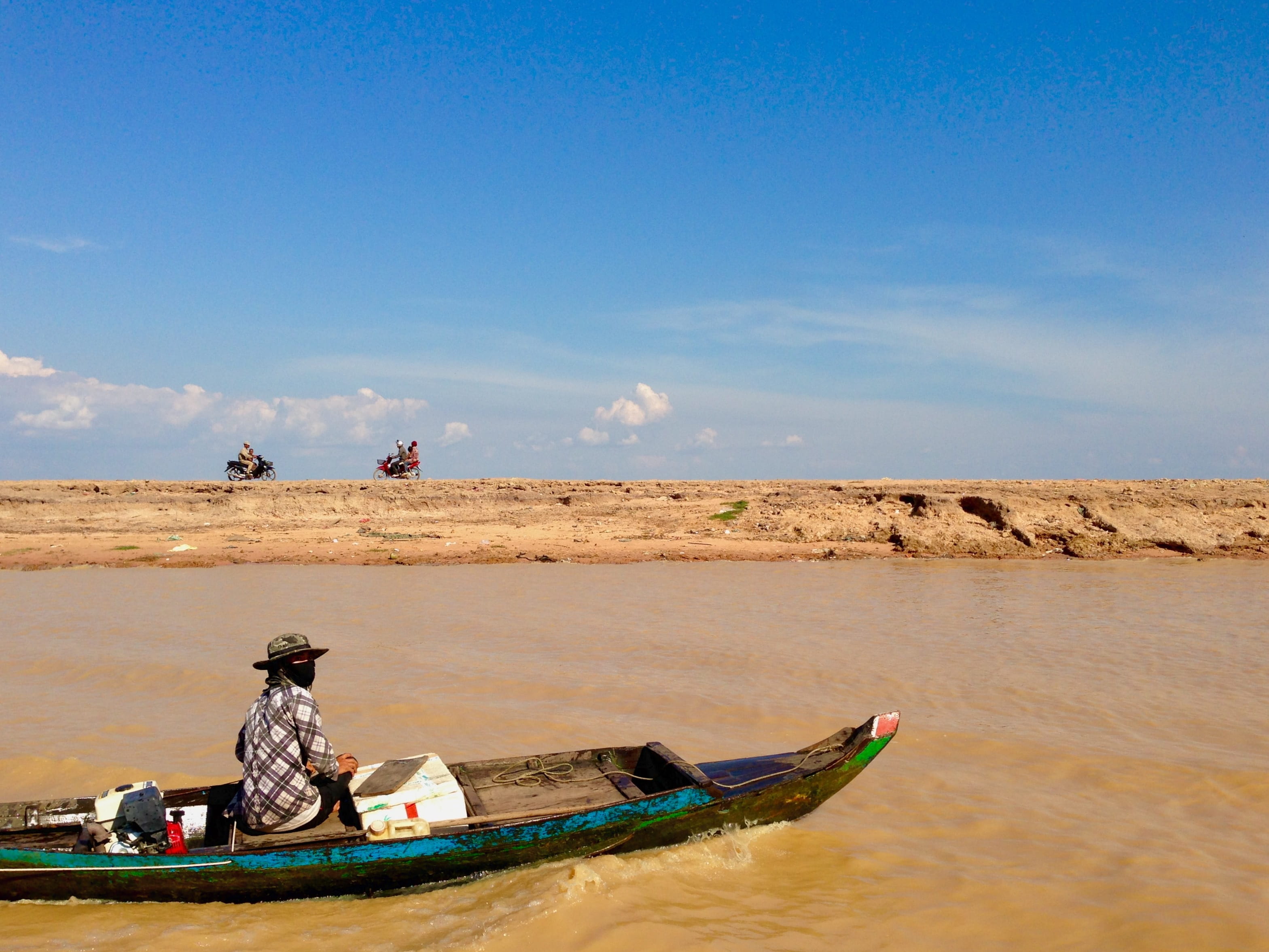 land, boat, water, beach, human, mode of transportation, summer, cambodia, sunlight, nautical vessel, two people, real people, scooter, skyline, scenics - nature, HD Wallpaper
