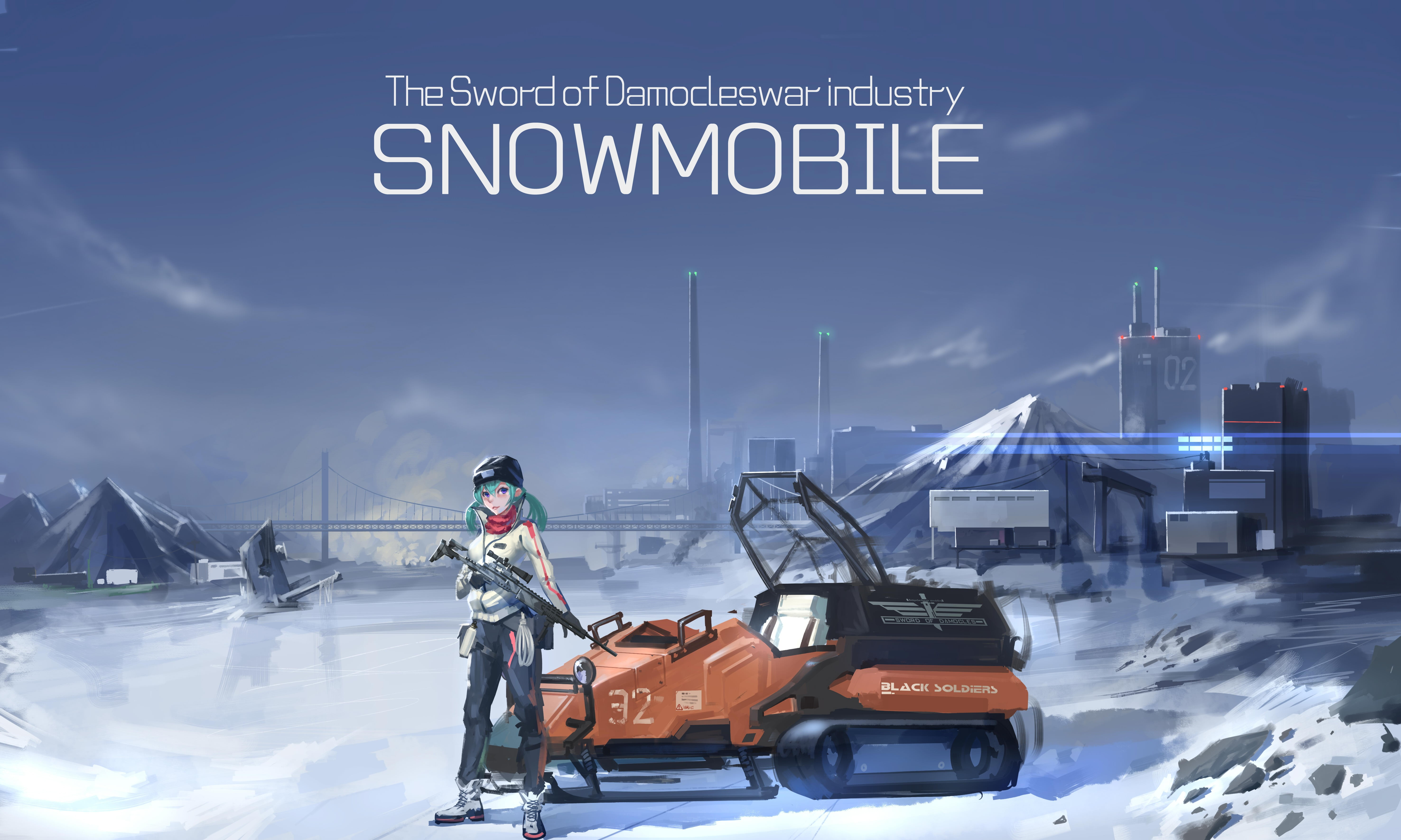 Black Soldier, day, transportation, mode of transportation, anime, text, gun, land vehicle, blue hair, winter, nature, weapon, sky, travel, snow, information, HD Wallpaper