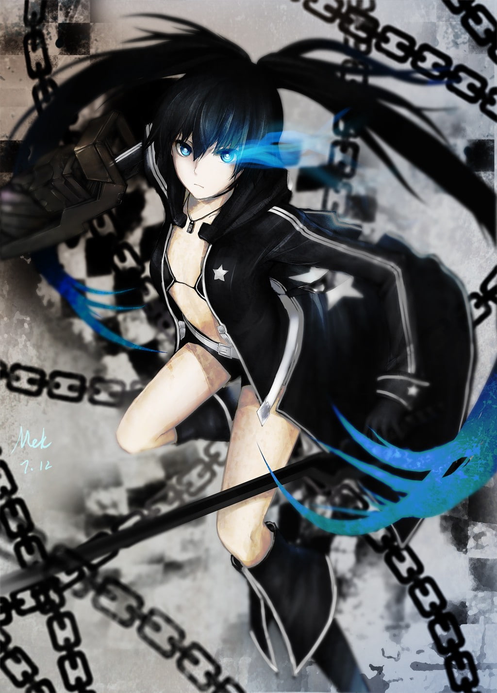 anime girls, blue eyes, long hair, necklace, twintails, anime, 720P, weapon, jacket, floating, Black Rock Shooter, Phone HD Wallpaper