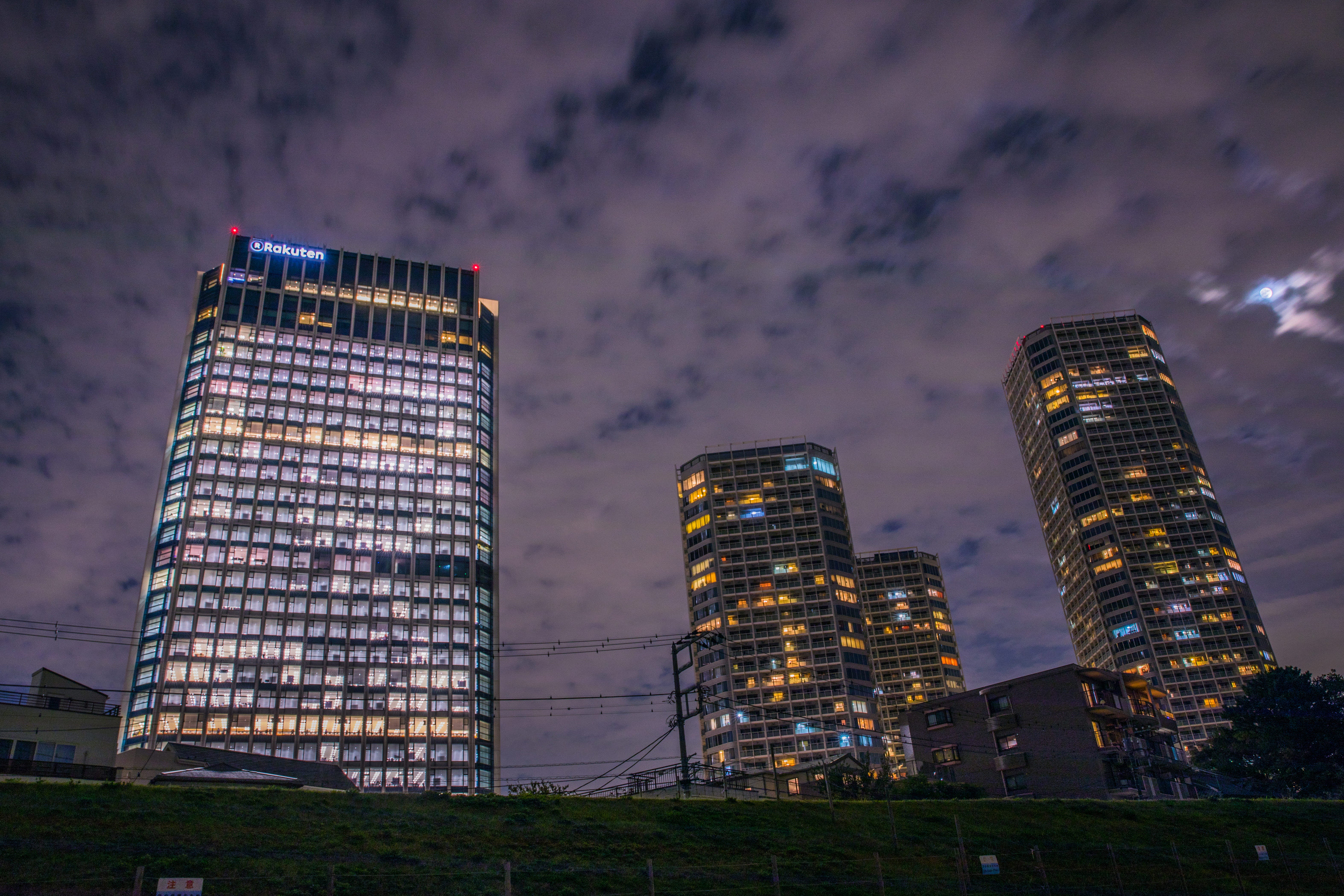 nature, financial district, architecture, setagaya-ku, japan, 5K, building, tall - high, illuminated, sky, skyscraper, rakuten crimson house, travel destinations, HD Wallpaper