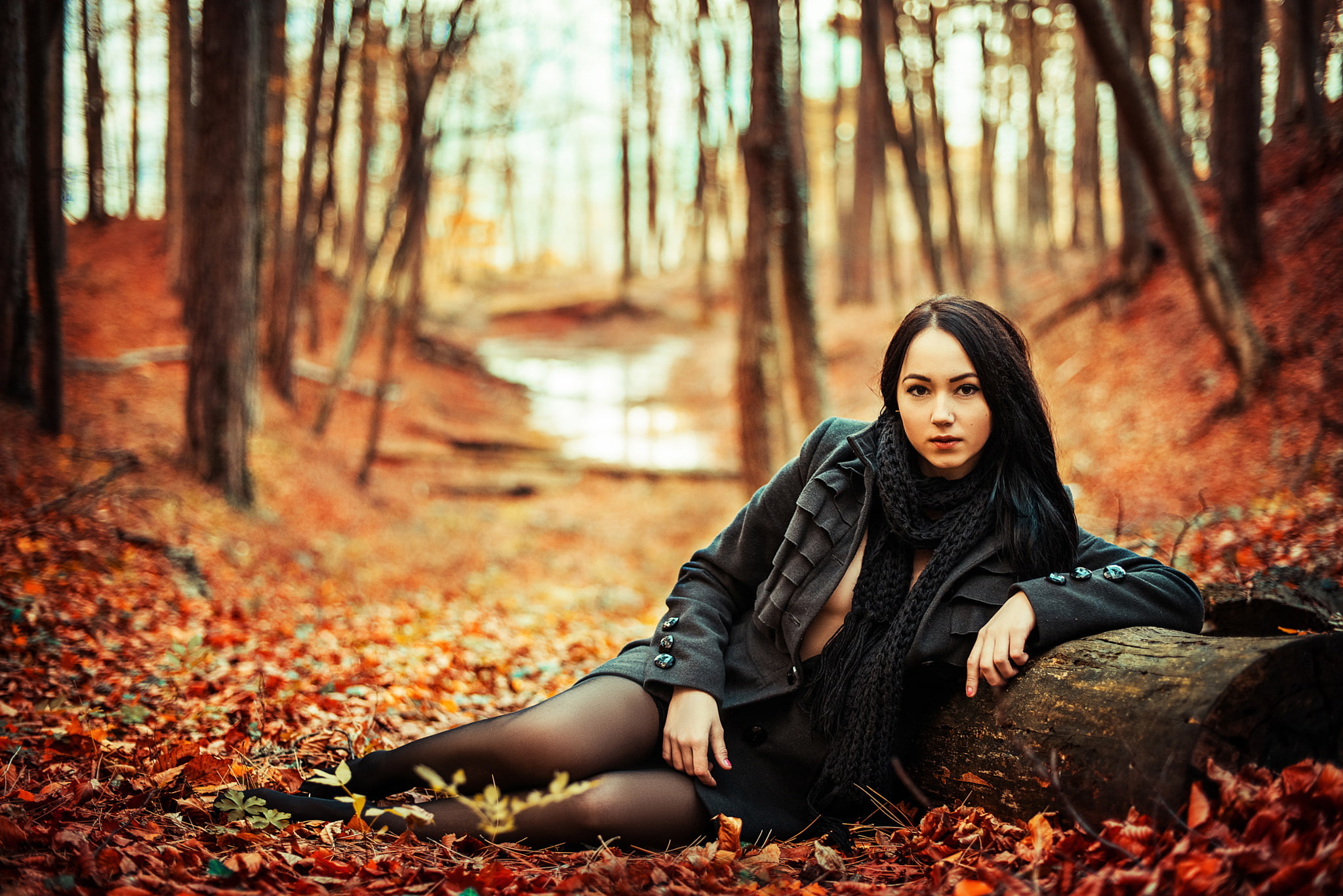 neckline, Ilya Zhirnov, legs, the crimson, autumn, 1080P, girl, leaves, HD Wallpaper