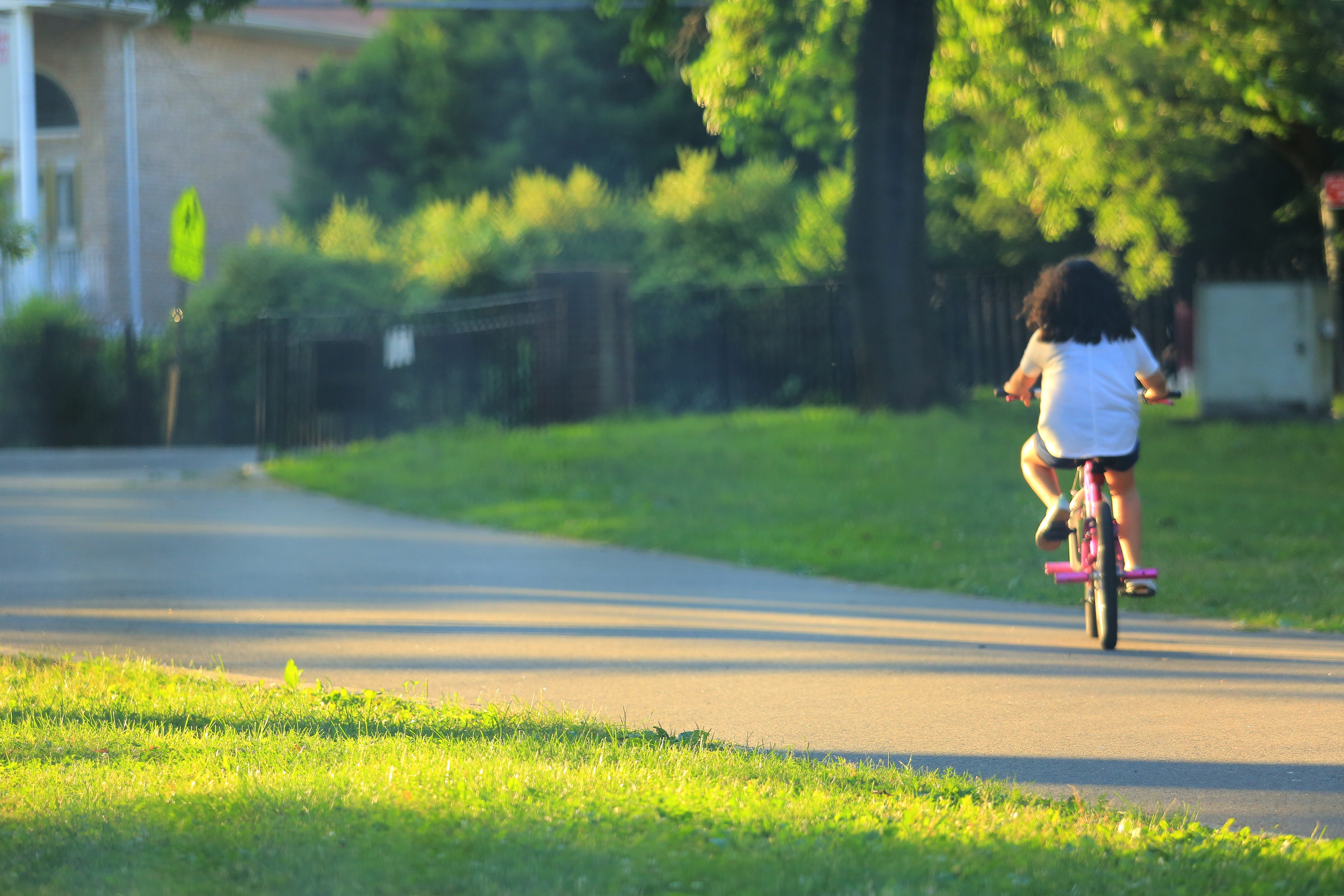 sunset, land vehicle, plant, outdoors, full length, day, child, tree, bike, tree wood, transportation, grass, one person, motion, real people, shadow, ride, HD Wallpaper