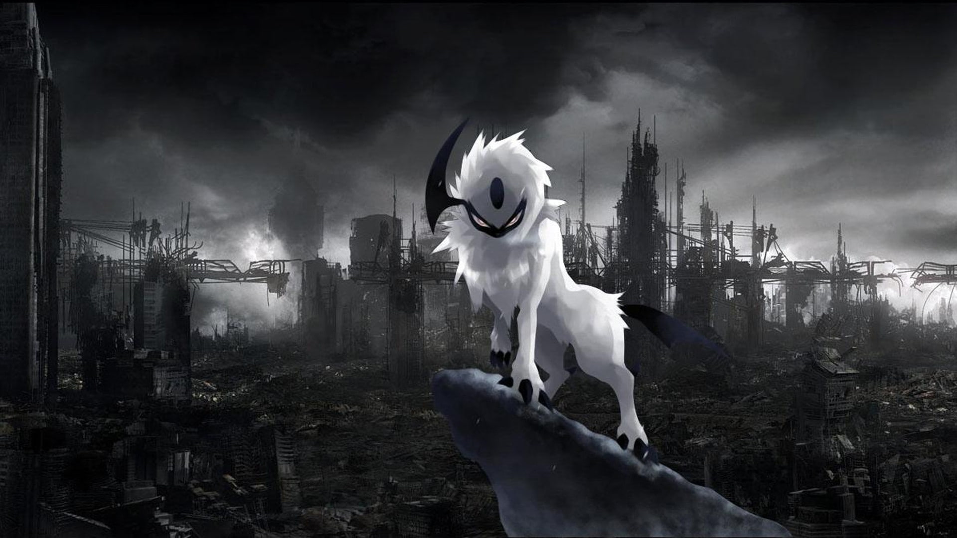 ruin, 1080P, apocalyptic, Pokémon, Absol, HD Wallpaper