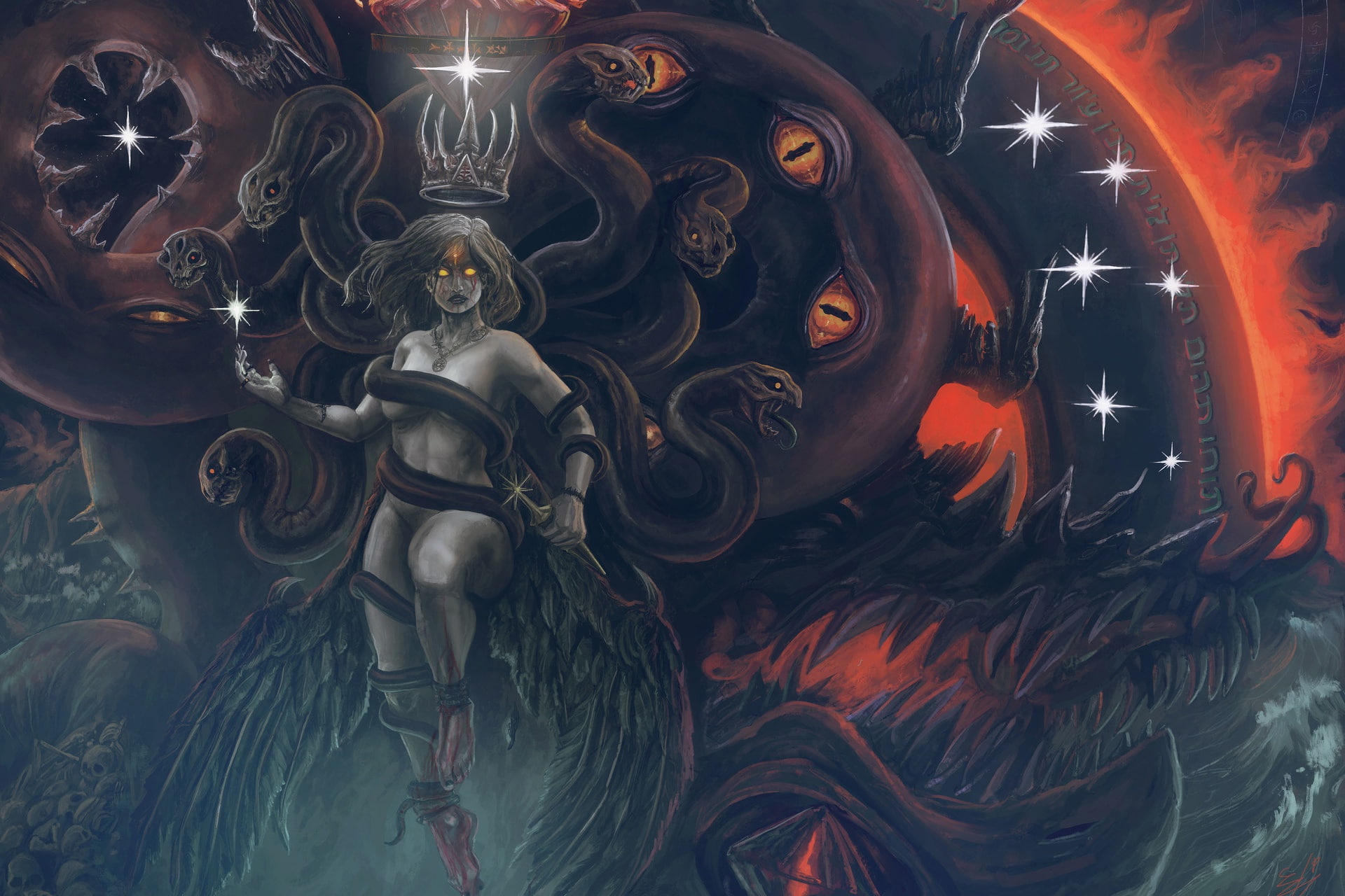 Darkness, by Davide Di Donna, Snakes, David Of A Woman, Art, Creepy, Fiction, Queen, The demon, Chaos, Queen of the Formless Deep, Illustration, Fantasy, HD Wallpaper