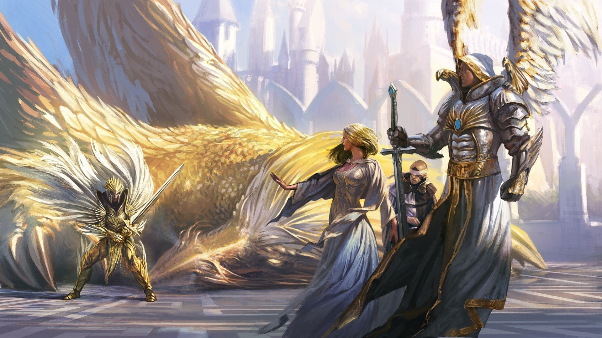 sky, creativity, statue, craft, knight, women, Might And Magic, architecture, representation, day, fantasy Art, angel, dragon, sword, wings, Heroes Of Might And Magic, HD Wallpaper