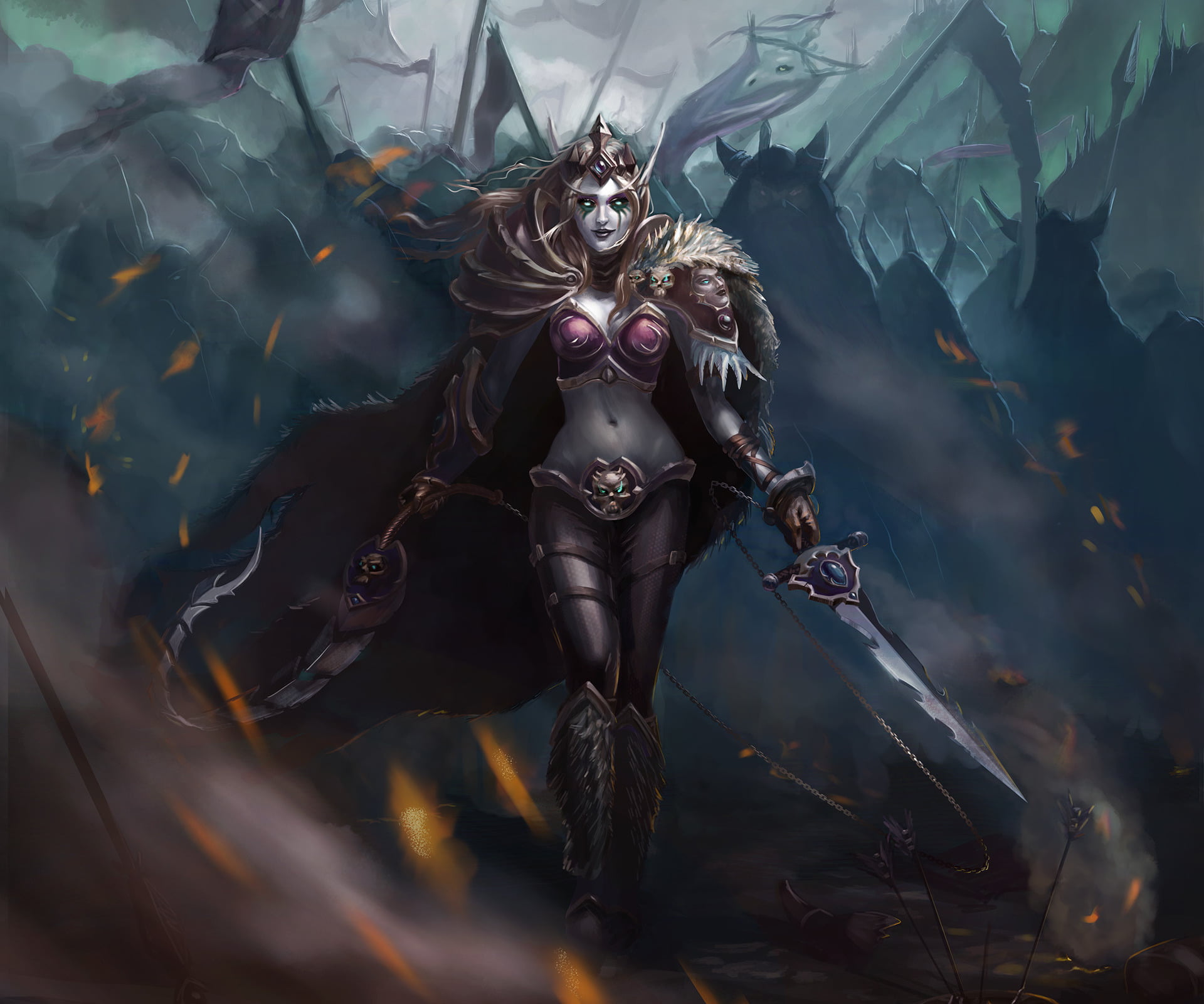spooky, Warcraft, religion, demon - fictional character, outdoors, Sylvanas Windrunner, Sword, female likeness, 1080P, mask, Girl, creativity, art and craft, HD Wallpaper