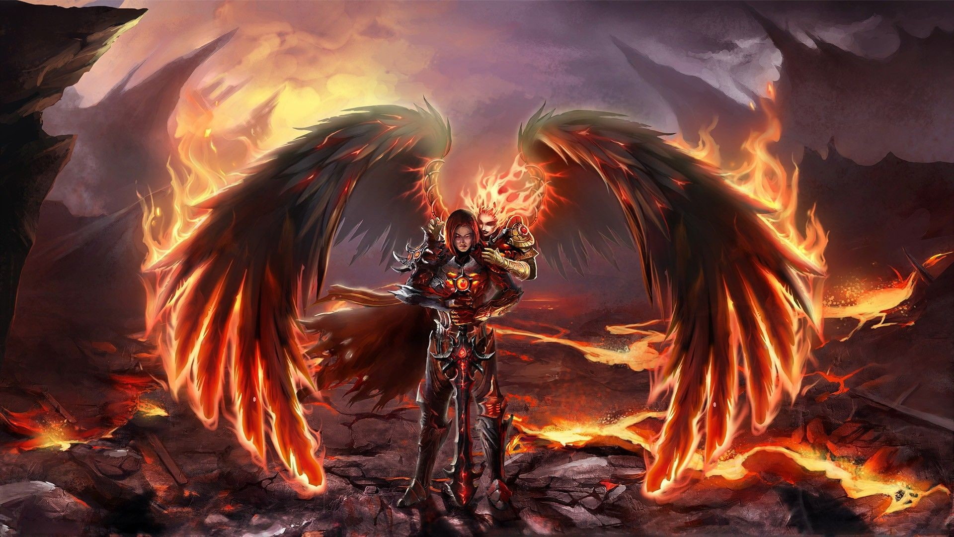 orange color, burning, 1080P, belief, demon - fictional character, land, day, motion, nature, heat - temperature, flame, heroes of might and magic vi video games fantasy girl fantasy art fire wings, HD Wallpaper