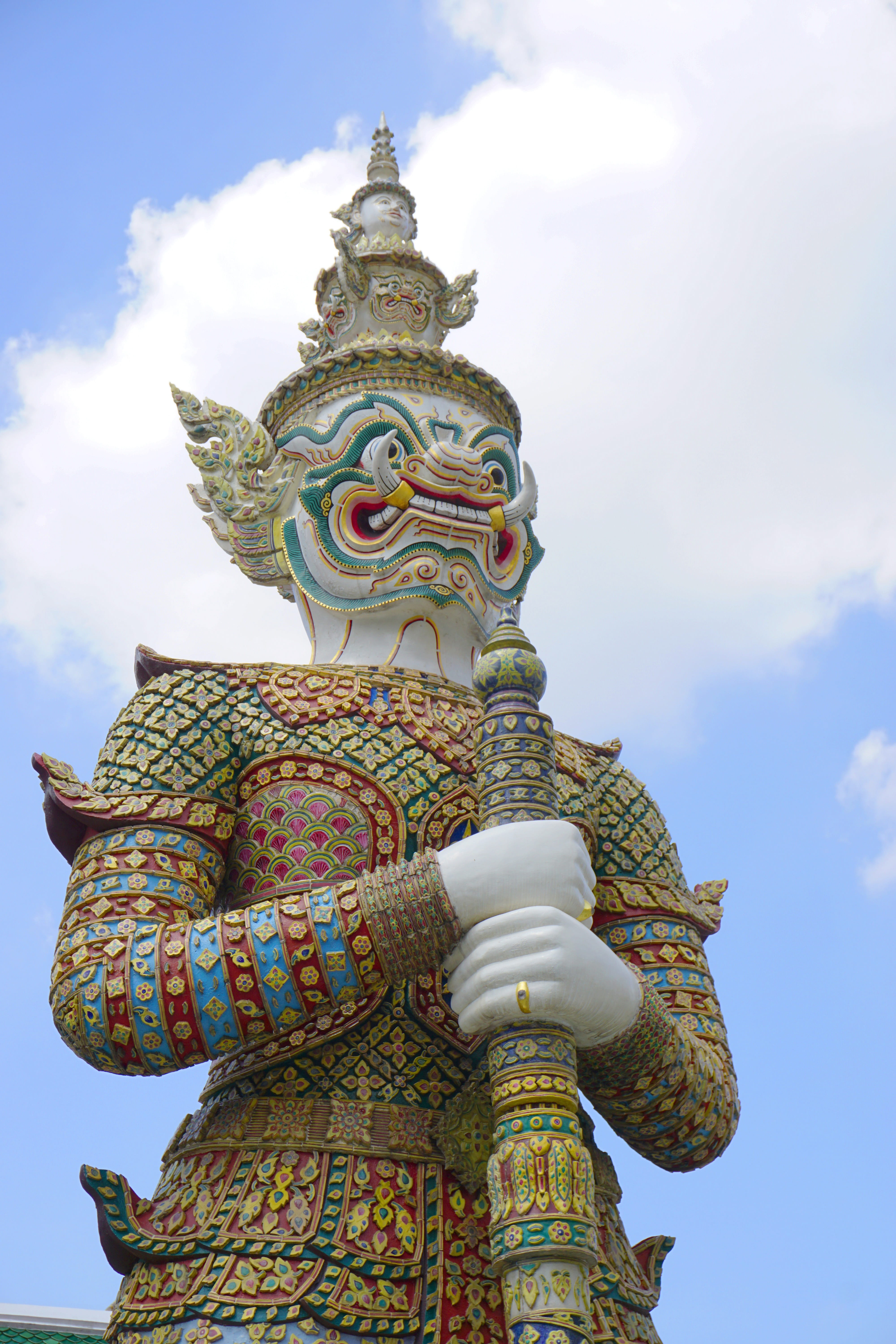 spirituality, thailand, low angle view, religion, 5K, bangkok, wat phra kaew, representation, statue, outdoors, buddhism, temple, building, architecture, Phone HD Wallpaper