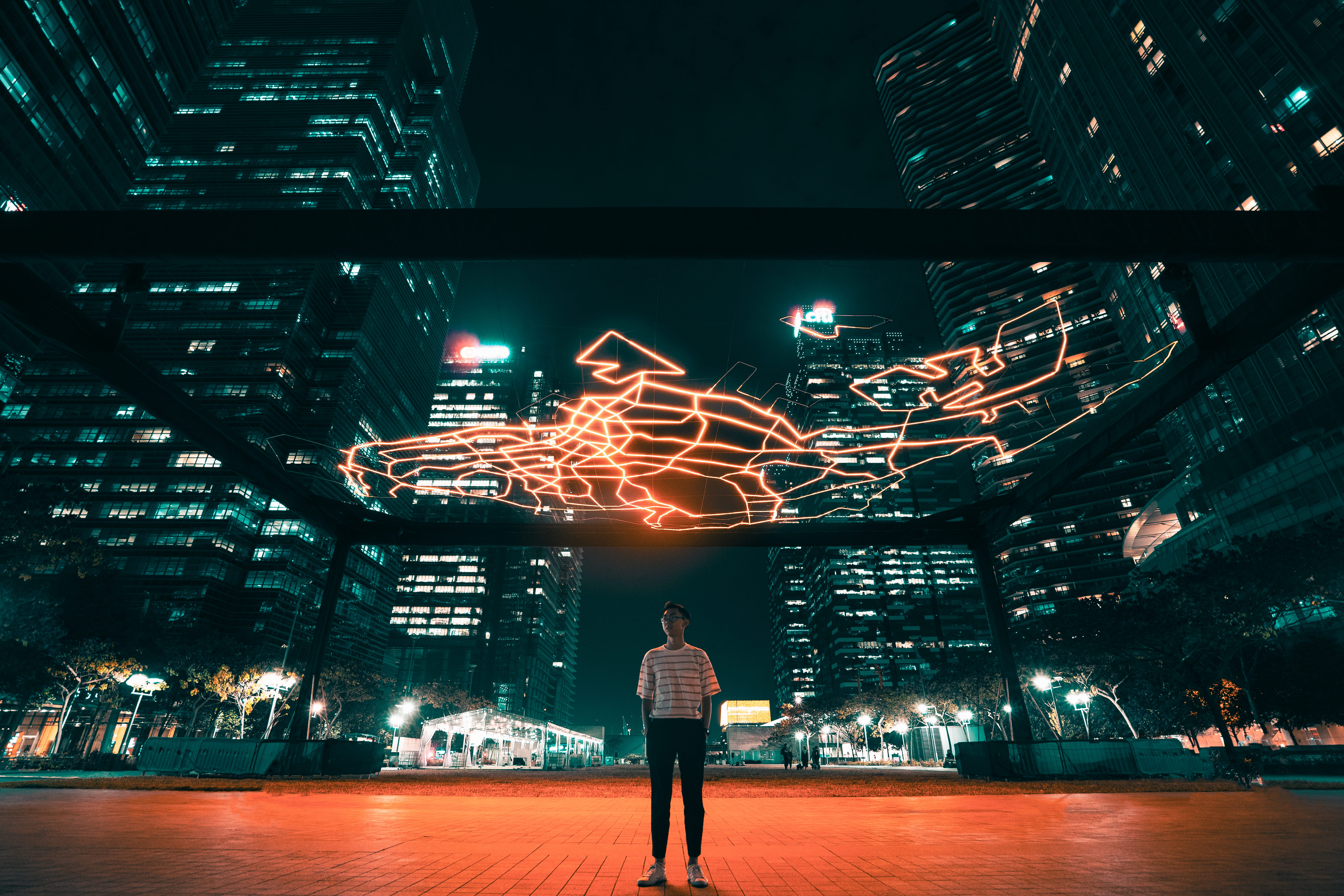 lifestyles, light, women, neon, standing, adult, outdoors, men, town, person, full length, metropolis, office building, motion, leisure activity, downtown, HD Wallpaper