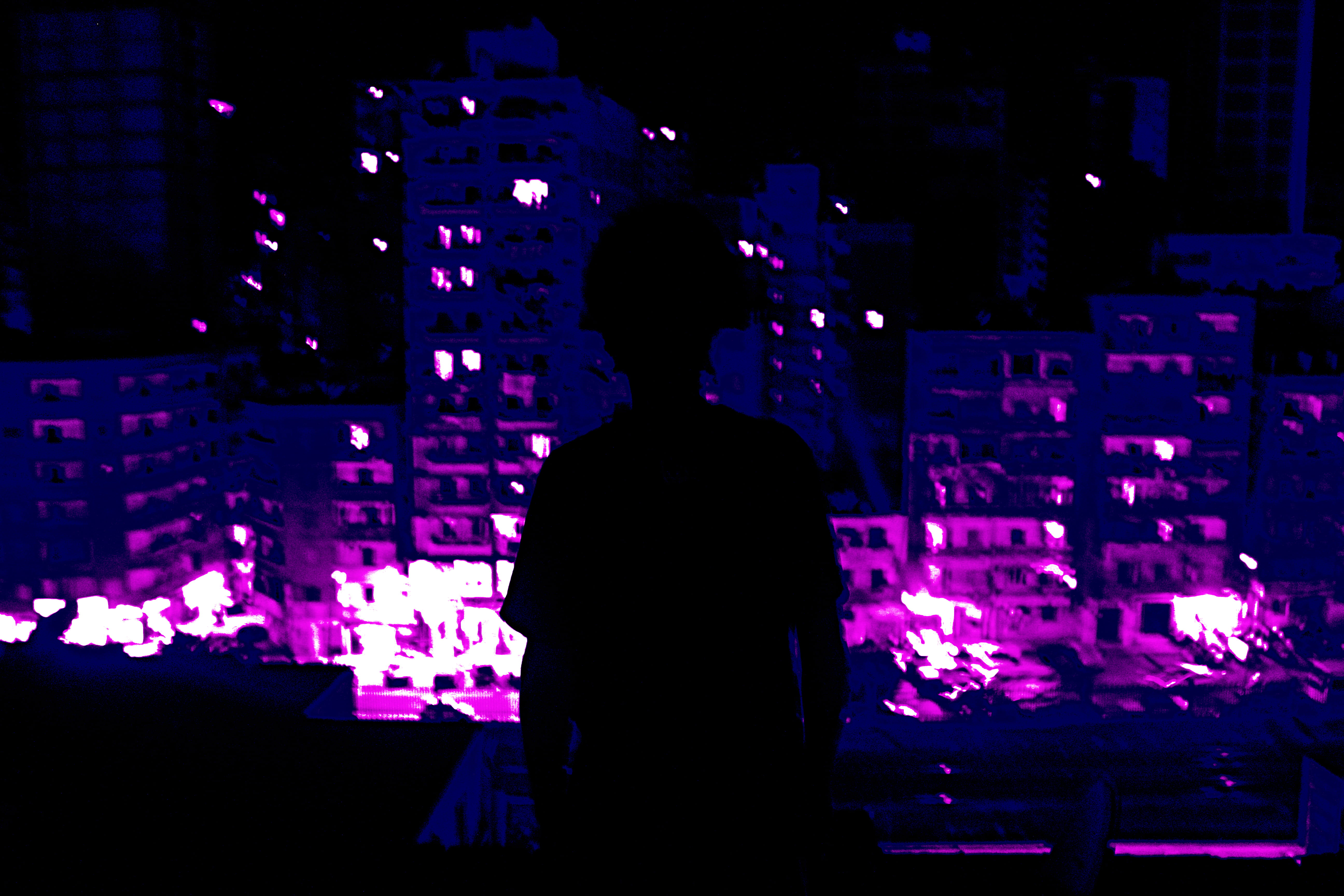 waist up, lightning, indoors, dark, city, silhouette, music, 5K, club dj, mixing, men, one person, bulding, real people, rear view, standing, architecture, HD Wallpaper