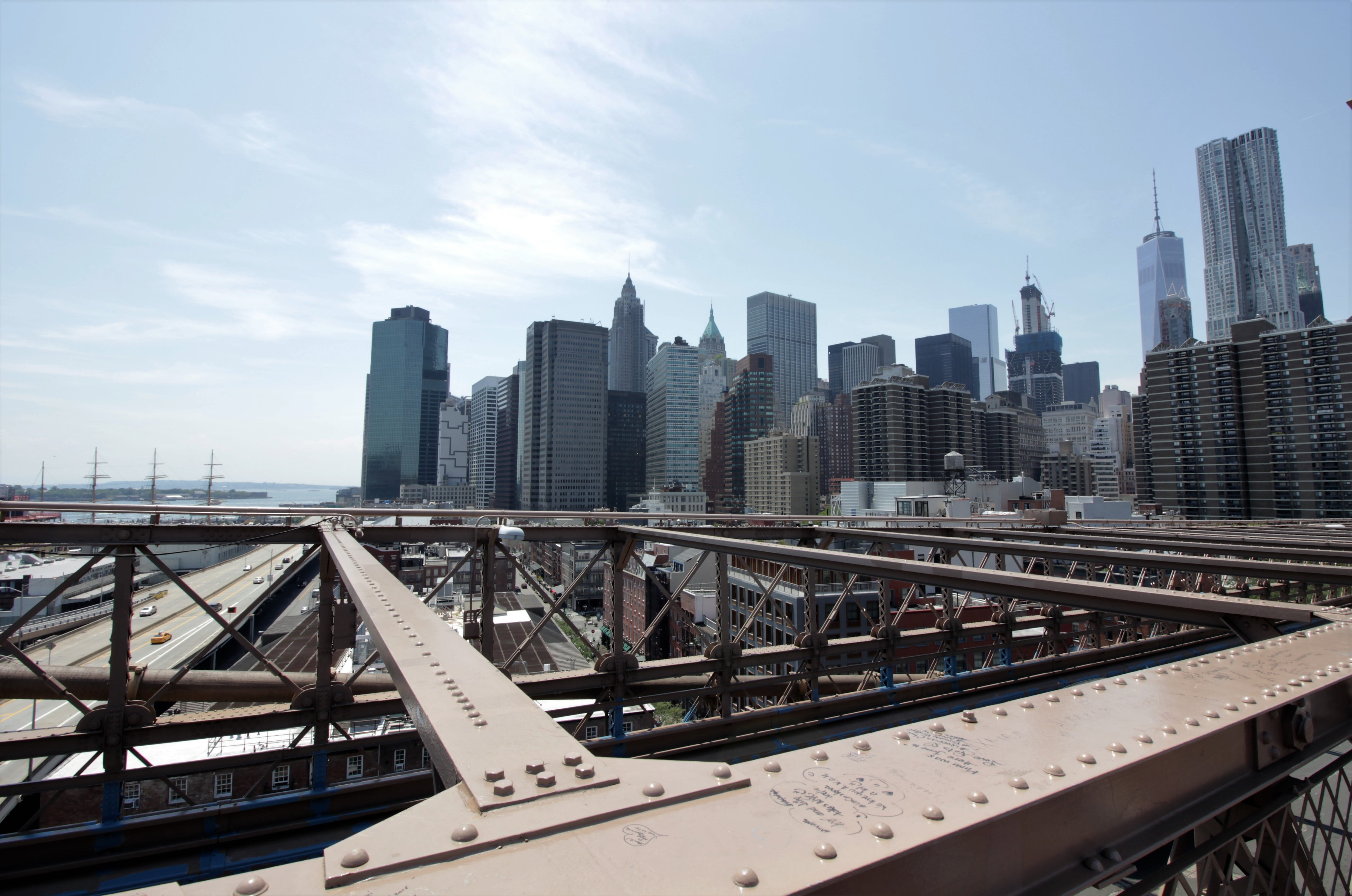 transportation, nature, high, Usa, modern, city, landscape, no people, clouds, manhattan, bridge, tower, urban skyline, building exterior, skyscraper, outdoors, HD Wallpaper