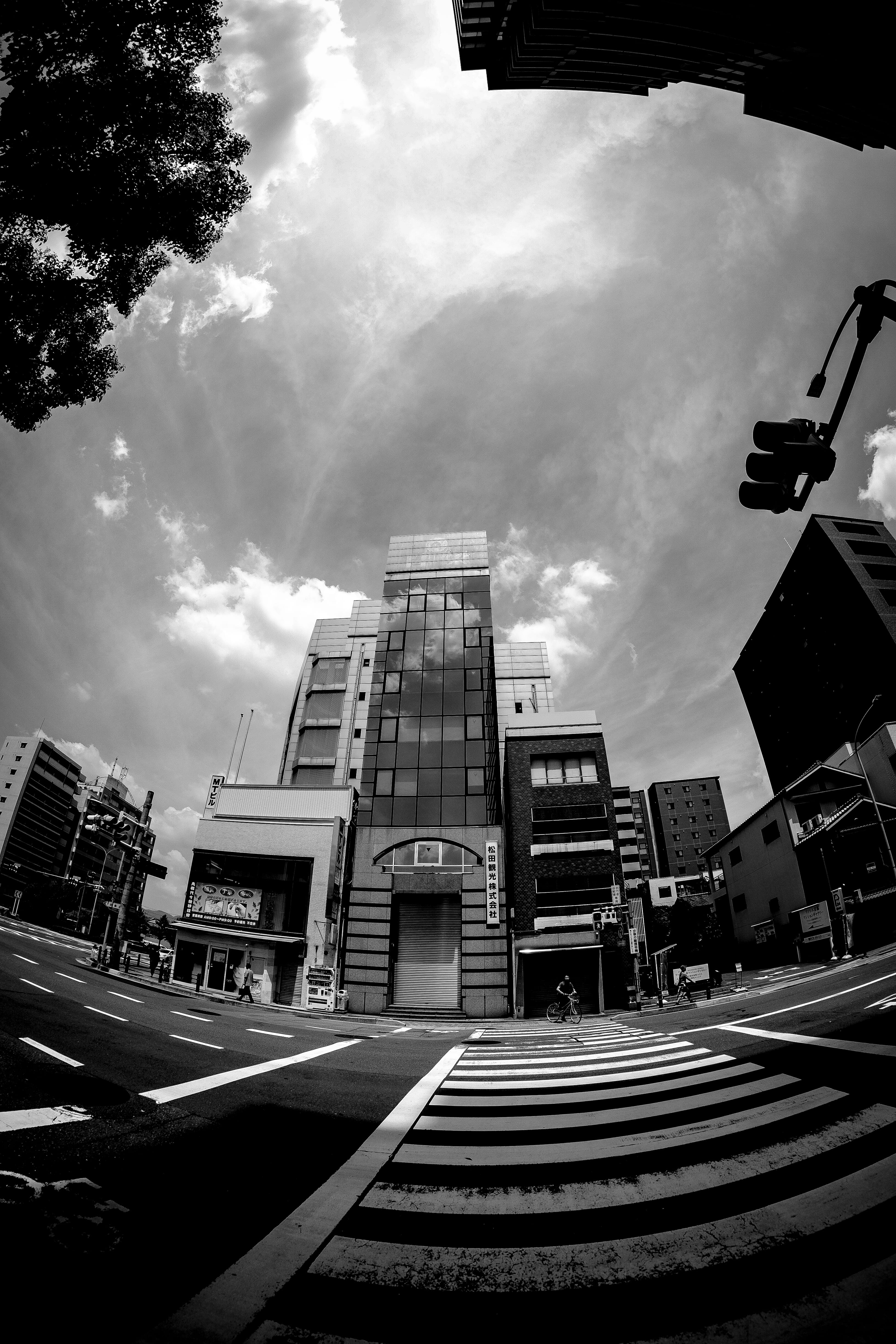 road, grayscale, motor vehicle, cityscape, black and white, tall, sign, buildings, office building exterior, street, marking, city, tower, building, traffic lights, Phone HD Wallpaper