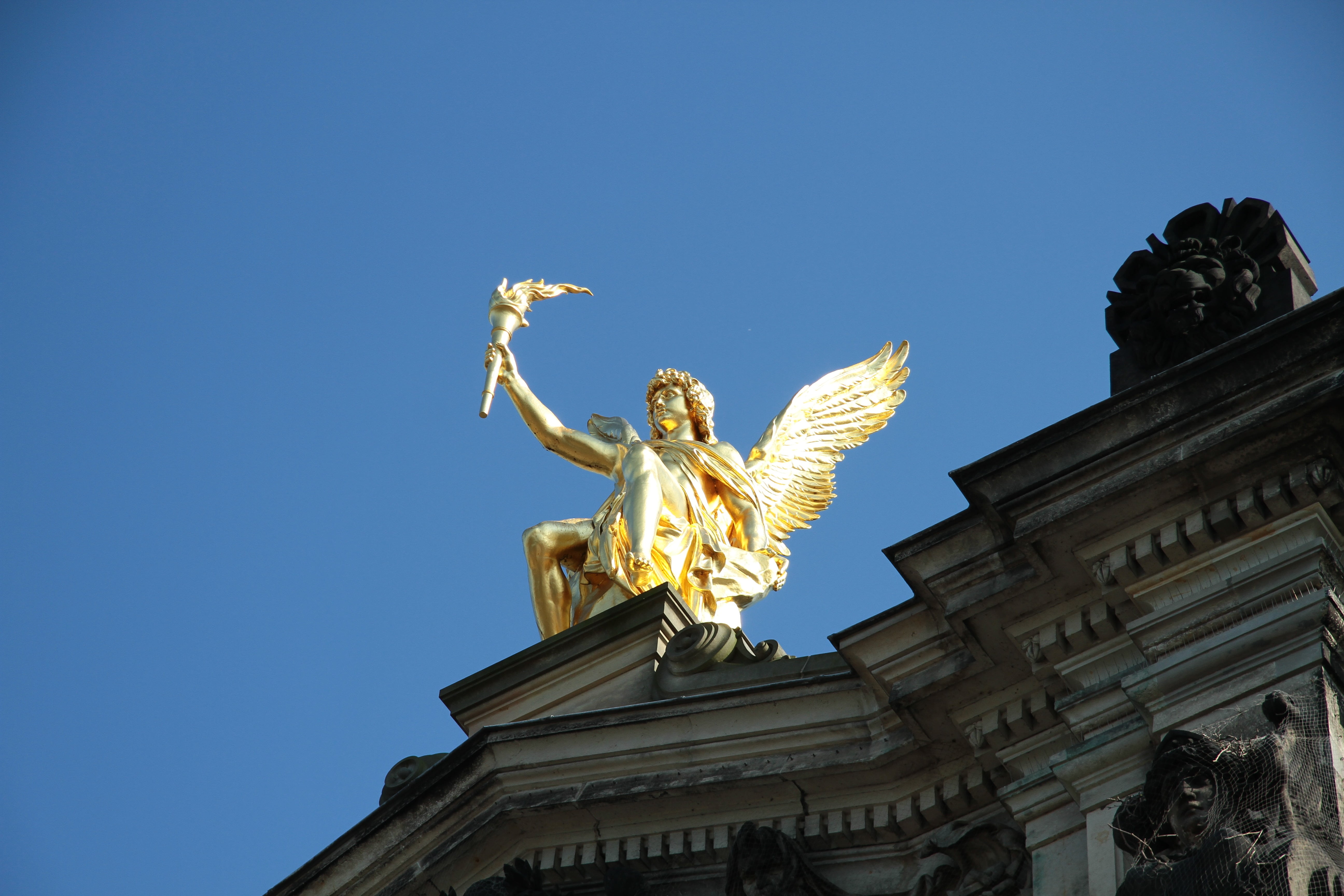 sky, architecture, angel, dresden, art and craft, outdoors, gold colored, the past, architectural column, built structure, rooftop, gold, golden statue, HD Wallpaper