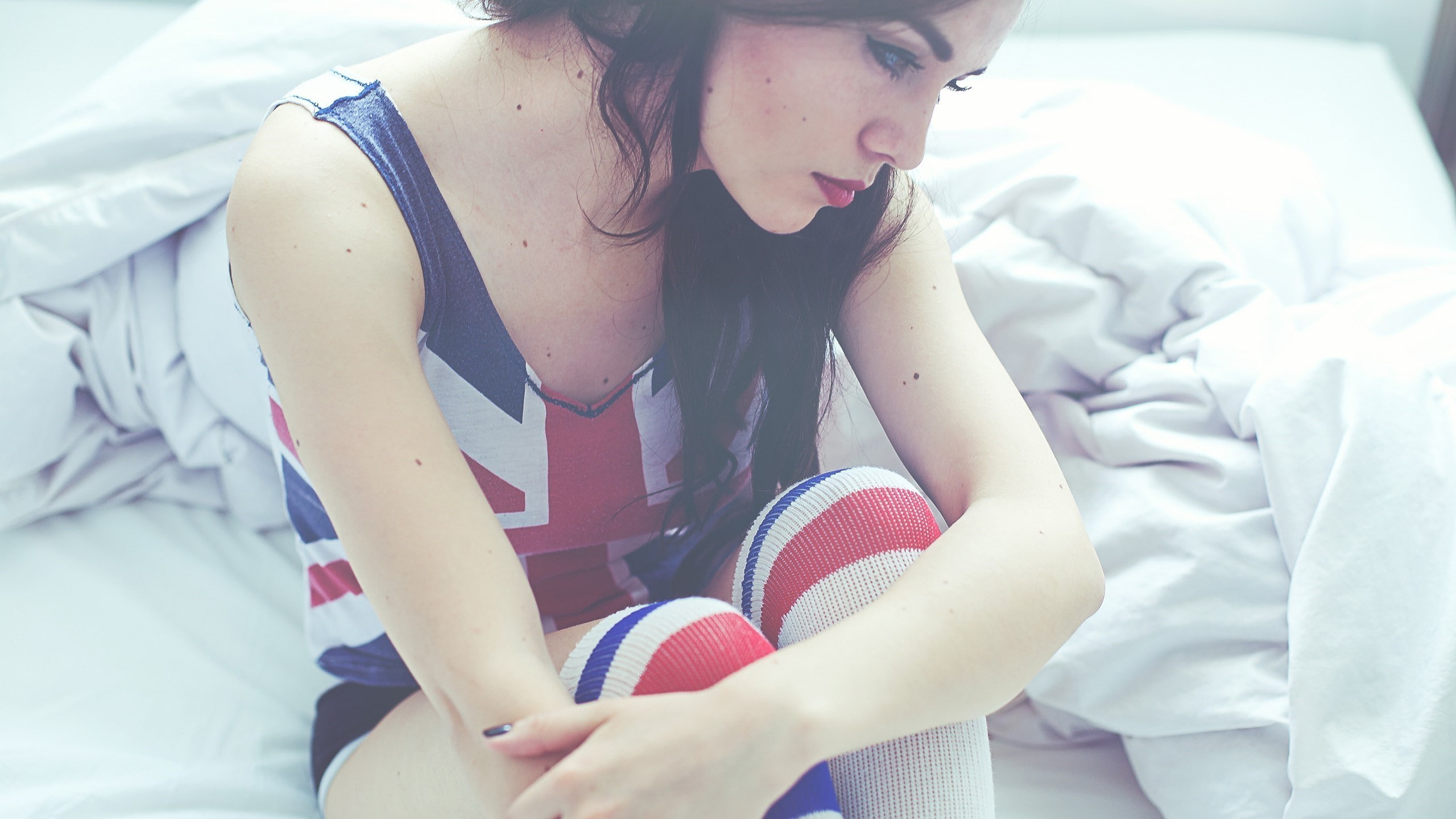 2K, brunette, Union Jack, Thigh highs, Knee highs, HD Wallpaper