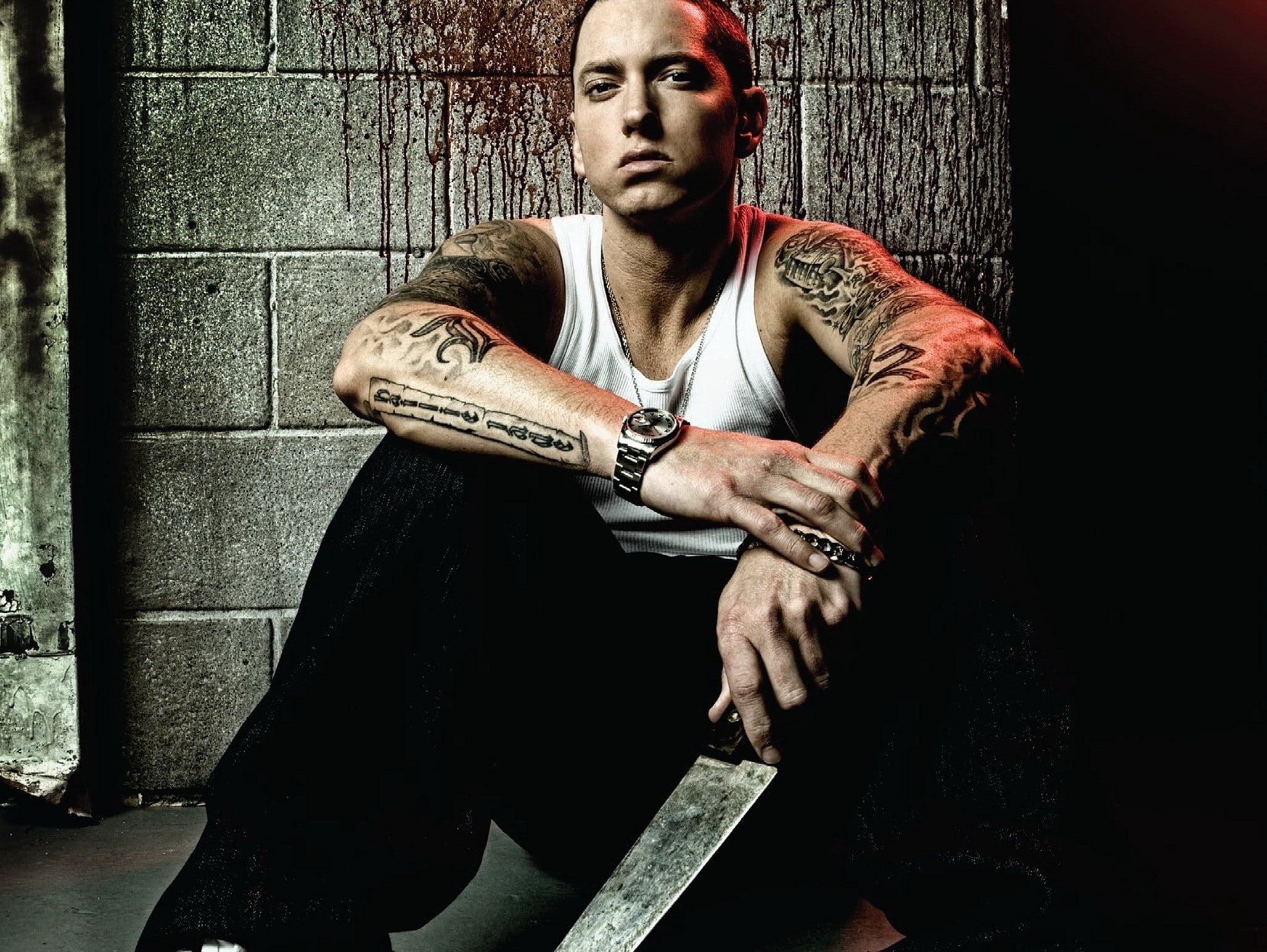 musicians, 1080P, rapper, white, eminem, tattoos, dark, men, art, hd, stars, blood, HD Wallpaper