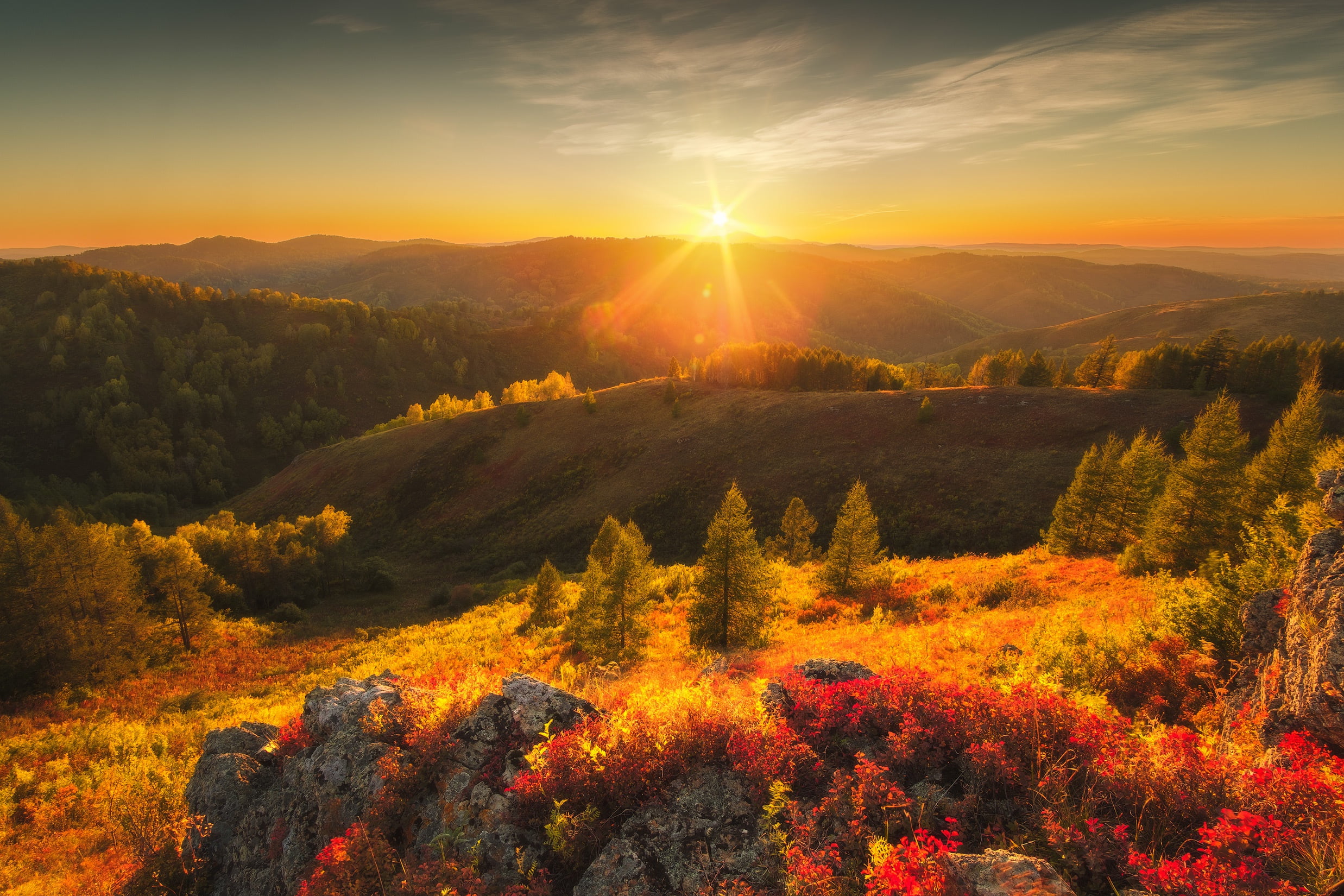 hills, nature, Rev Alex, mountains, trees, stones, forest, rays, autumn, the sun, 1080P, Altay, landscape, HD Wallpaper