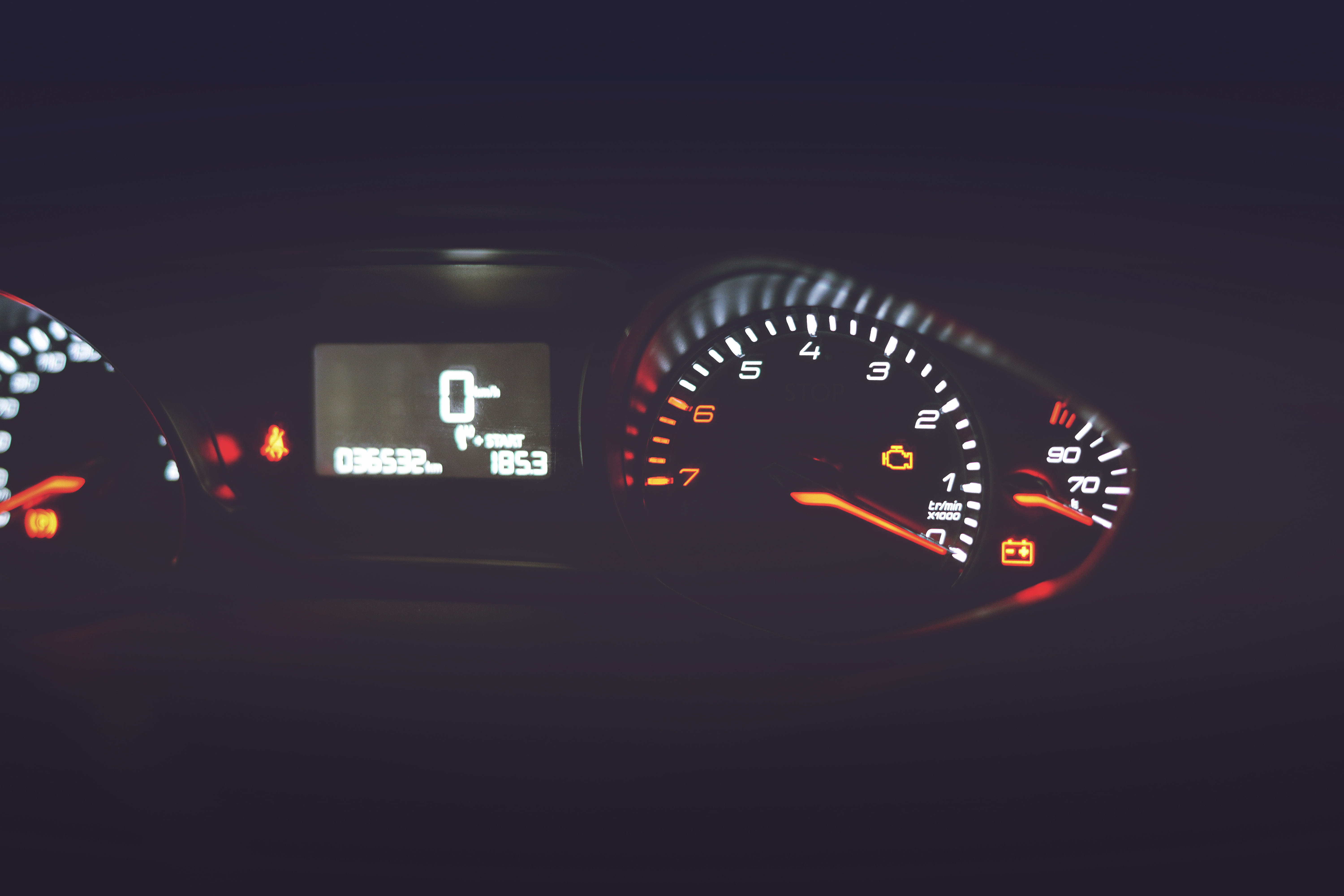 night, vehicle interior, rev, red, counter, glowing, motor vehicle, black background, indoors, motor, car, control panel, no people, 308, mode of transportation, HD Wallpaper