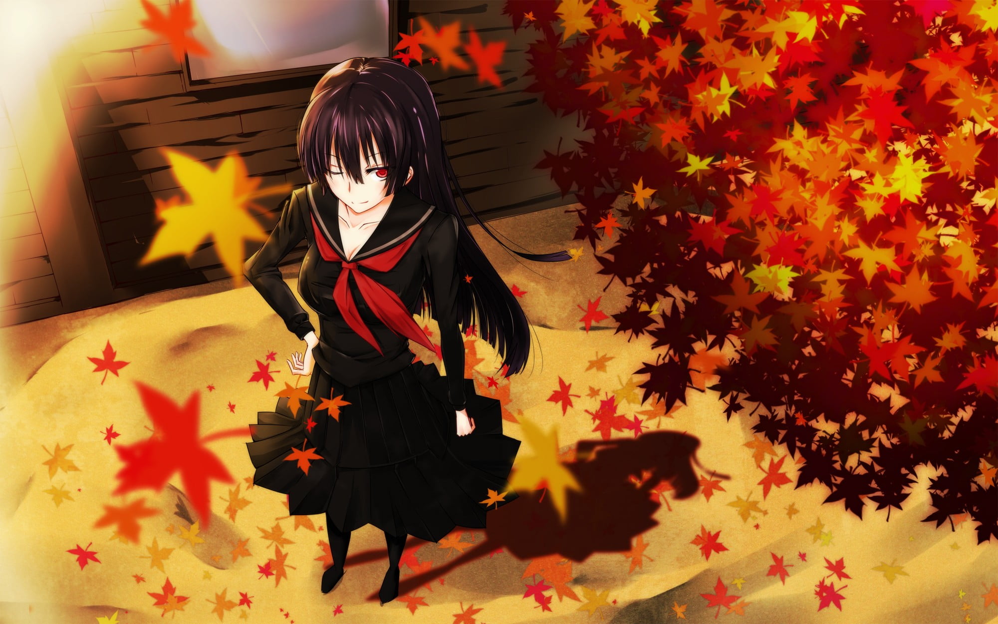leaves, 1080P, innocence, anime, standing, change, maple leaf, autumn, leaf, women, one person, females, home interior, black, full length, childhood, HD Wallpaper