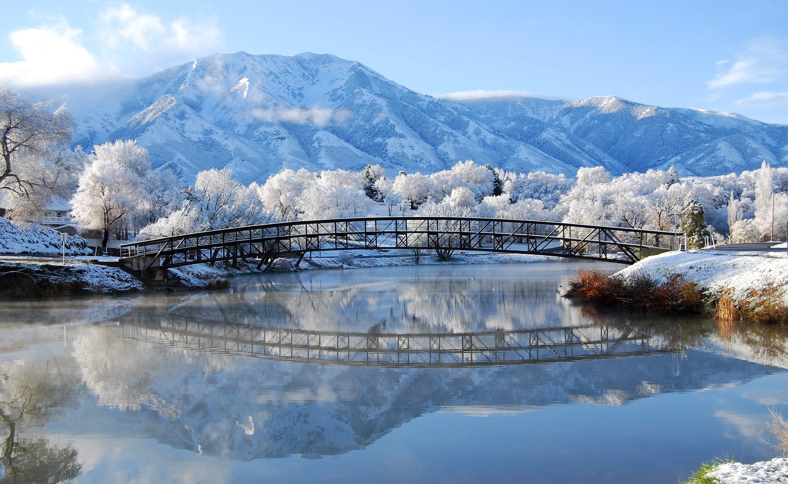 Seasons, lake, reflection, beauty in nature, Scene, bridge - man made structure, mountain range, nature, non-urban scene, Winter, snowcapped mountain, metal, HD Wallpaper
