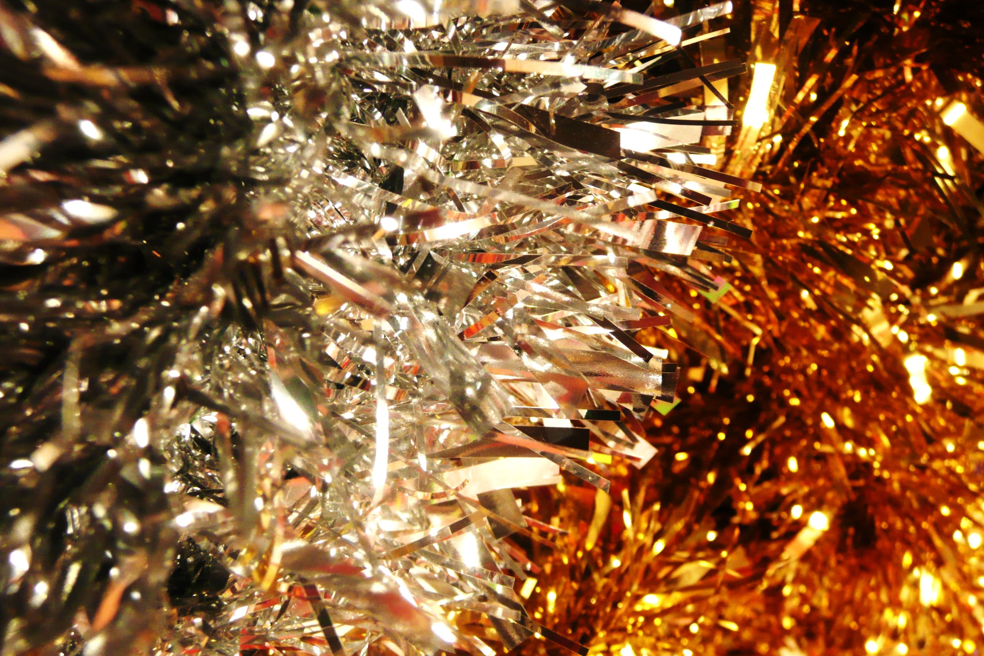 close-up, 2K, papers, tree, illuminated, materials, sparkles, christmas decoration, backgrounds, selective focus, glows, silver, holiday - event, glitters, HD Wallpaper