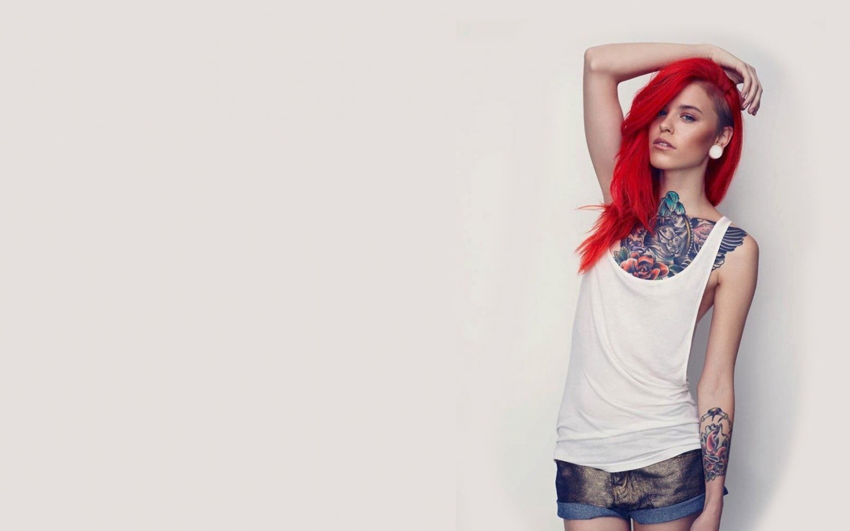casual clothing, young women, red, portrait, 720P, arms up, women, standing, dyed hair, model, copy space, hair, tattoo, adult, lifestyles, denim, hairstyle, HD Wallpaper