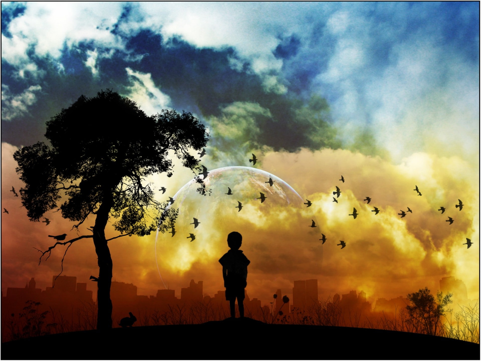 trees, landscape, sky, rabbits, digital art, children, Moon, grass, Earth, 1080P, birds, HD Wallpaper