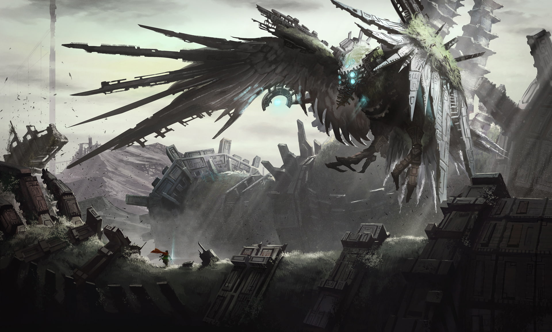 art, fiction, cyberpunk, hero, ruins, bird, wings, 1080P, people, mechanism, HD Wallpaper