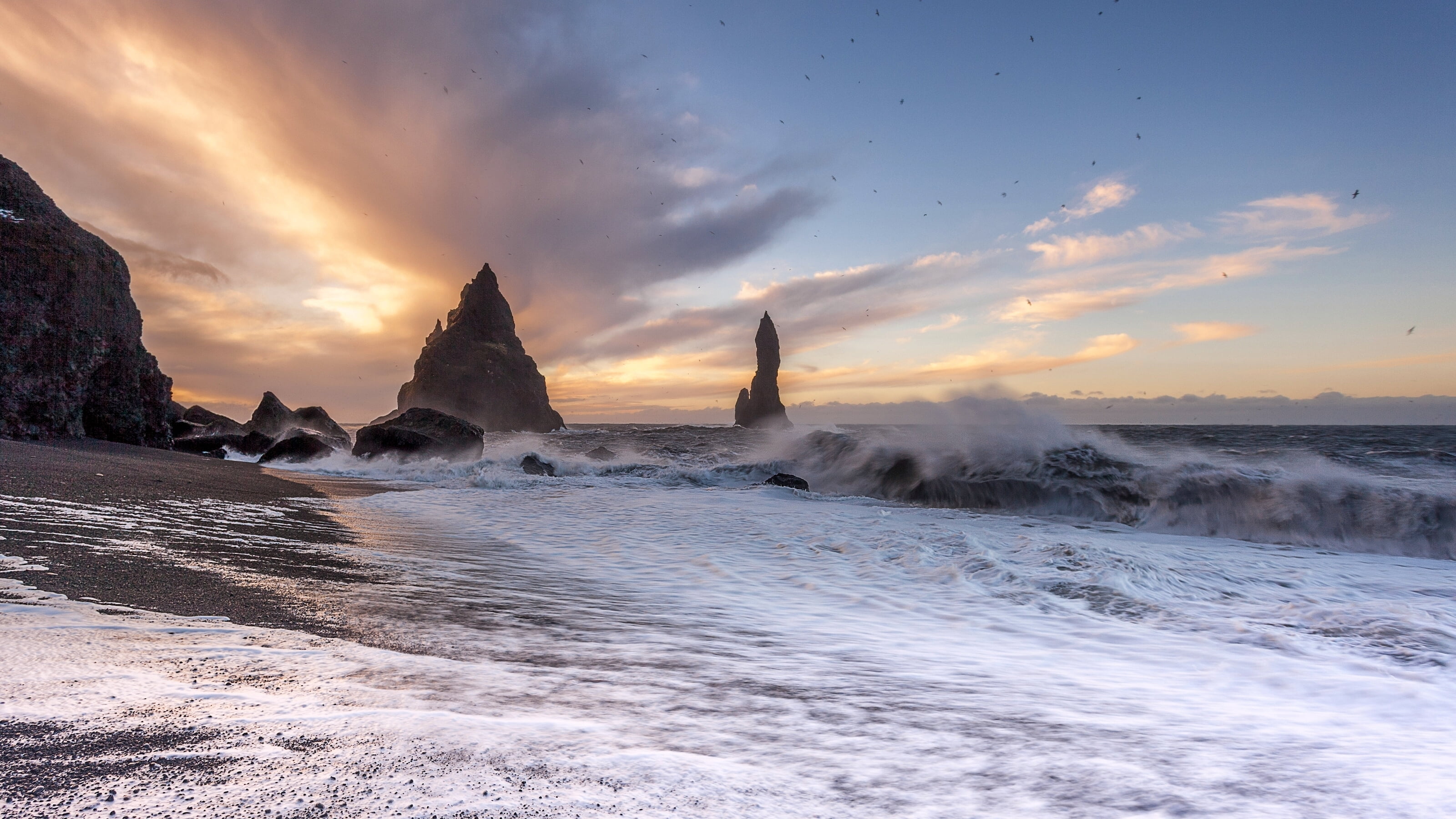 scenics, long exposure, beach, body, iceland, waters Edge, cloud - Sky, environment, no People, summer, cloudscape, vik, seascape, sunrise - Dawn, solid, HD Wallpaper