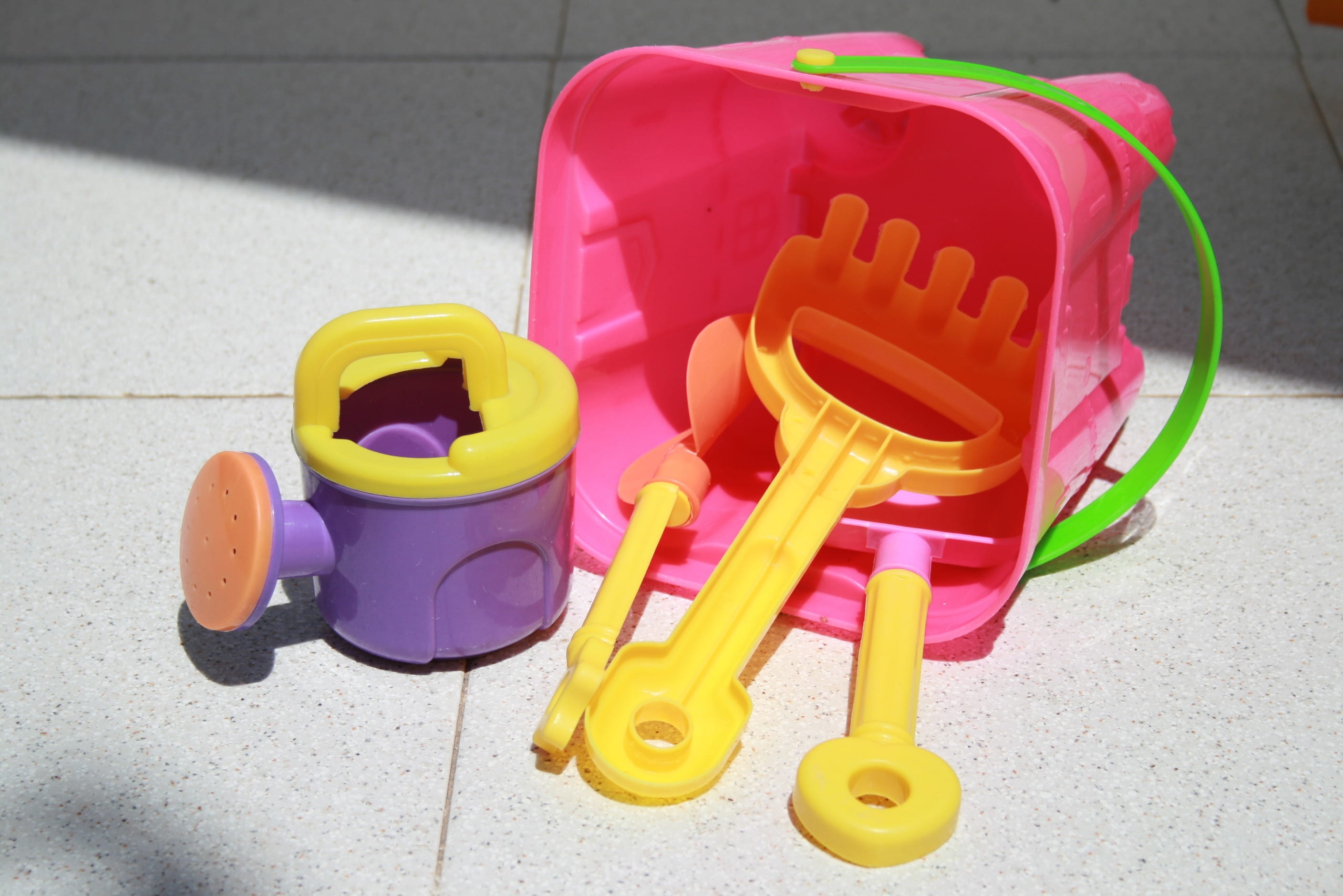 still life, play, high angle view, water, tiled floor, group of objects, close-up, plastic, summer, healthcare and medicine, pink color, yellow, container, HD Wallpaper