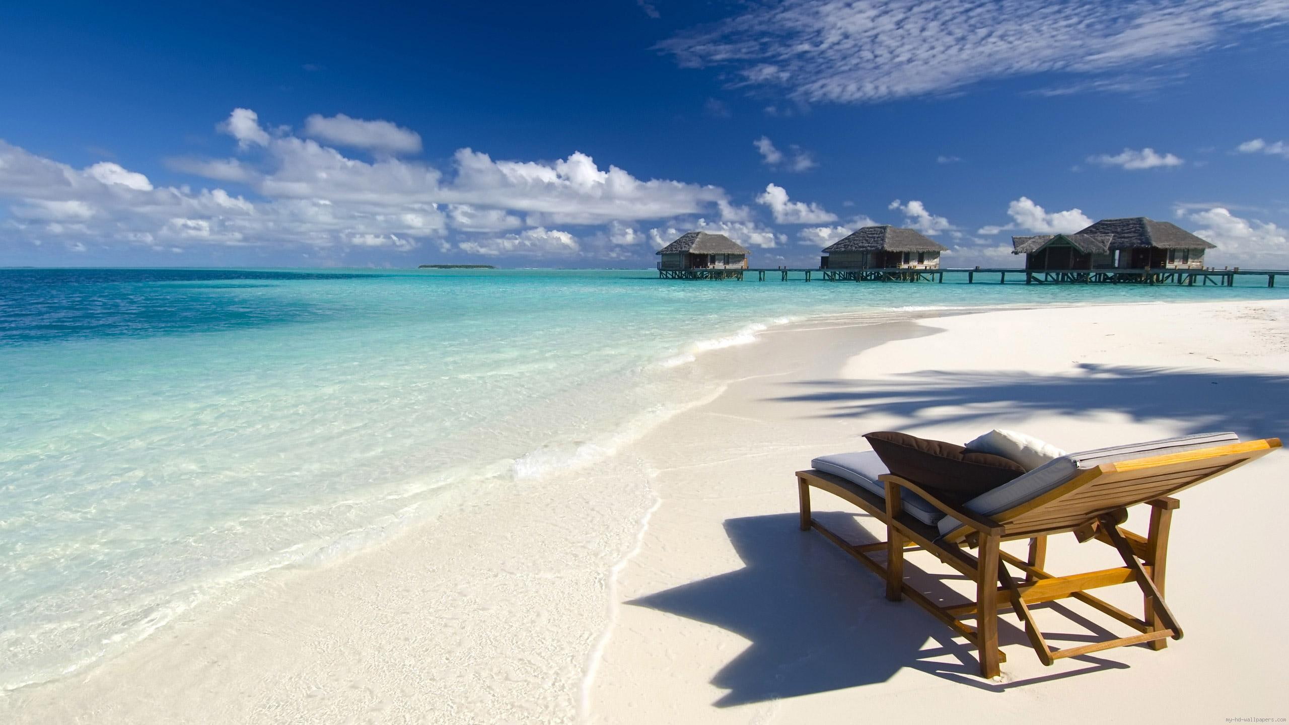 teal, deckchair, blue, 2K, beach, ocean, landscape, sand, water, wave, HD Wallpaper