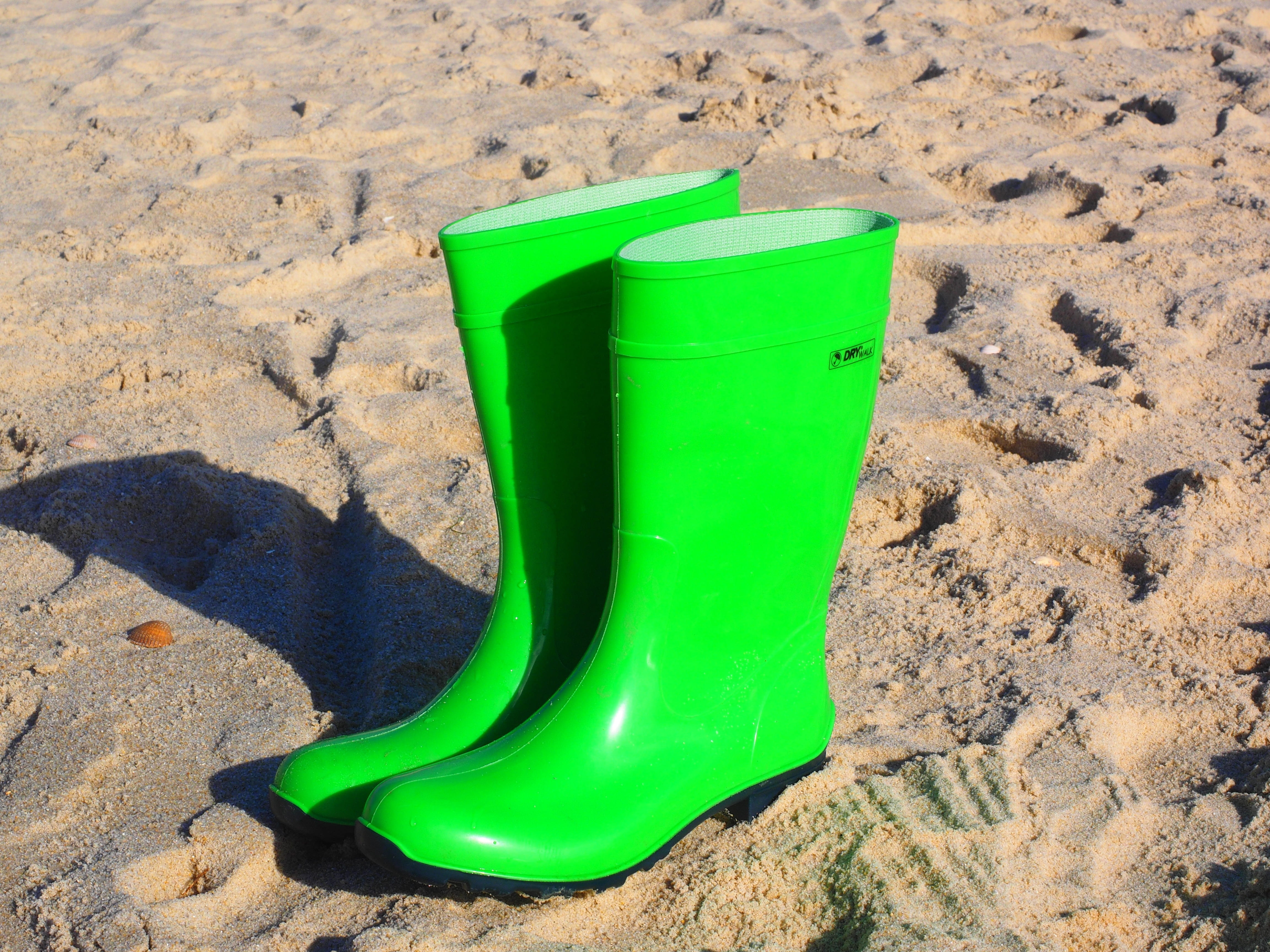green, container, boots, function clothes, day, sunlight, water boots, rain shoes, land, vacations, close-up, high angle view, light green, sand, holiday, HD Wallpaper