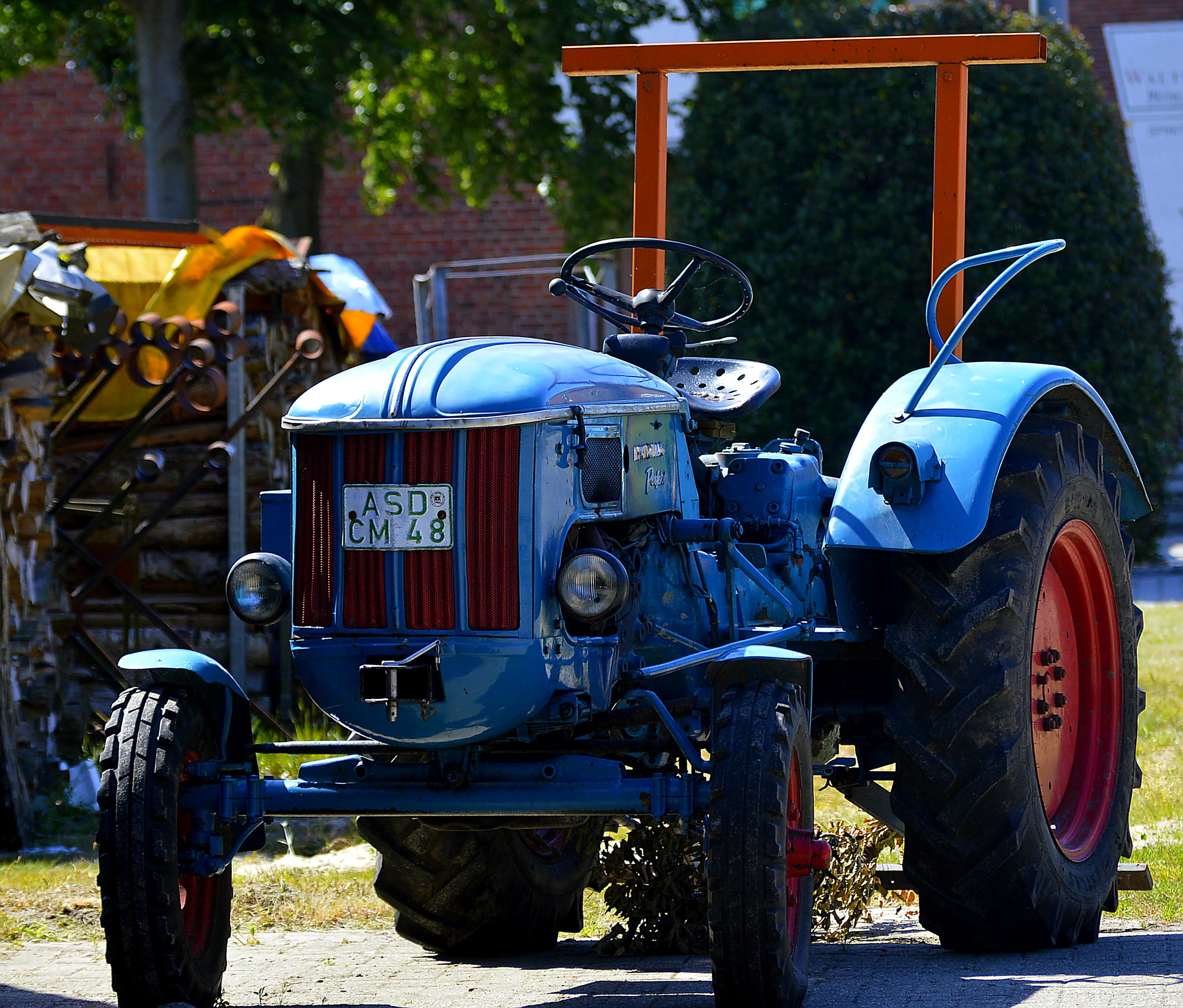 hanomag, blue, old, stationary, red, mode of transportation, no people, mature, oldtimer, agricultural equipment, abandoned, city, sunlight, damaged, road, HD Wallpaper