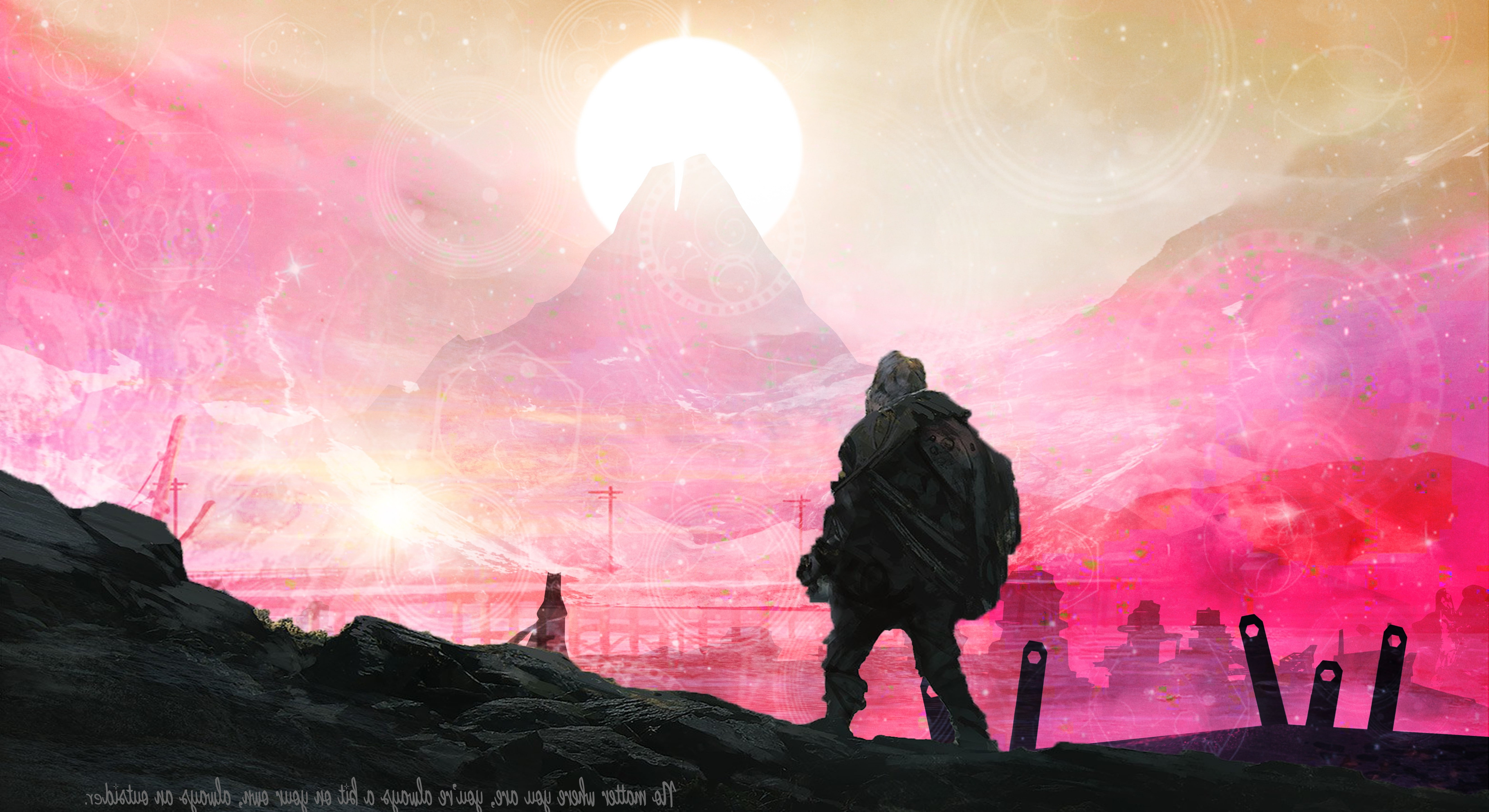 standing, full length, sunset, rock - object, The End, lens flare, Journey (game), space, real people, beauty in nature, sun, scenics - nature, Time Travel, HD Wallpaper