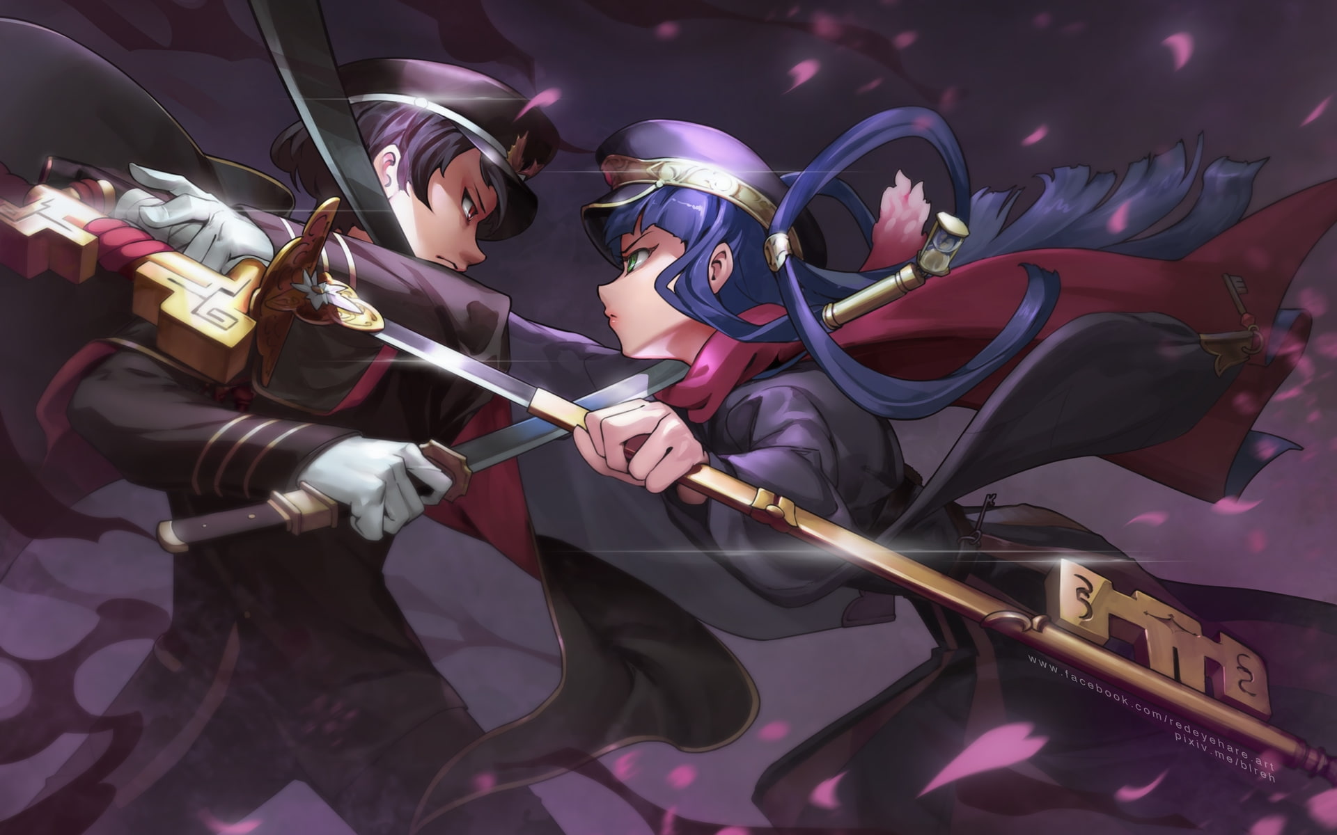 real people, fighting, celebration, lifestyles, purple, people, katana, indoors, illuminated, women, cape, holding, military uniform, looking, Anime, monster strike, HD Wallpaper