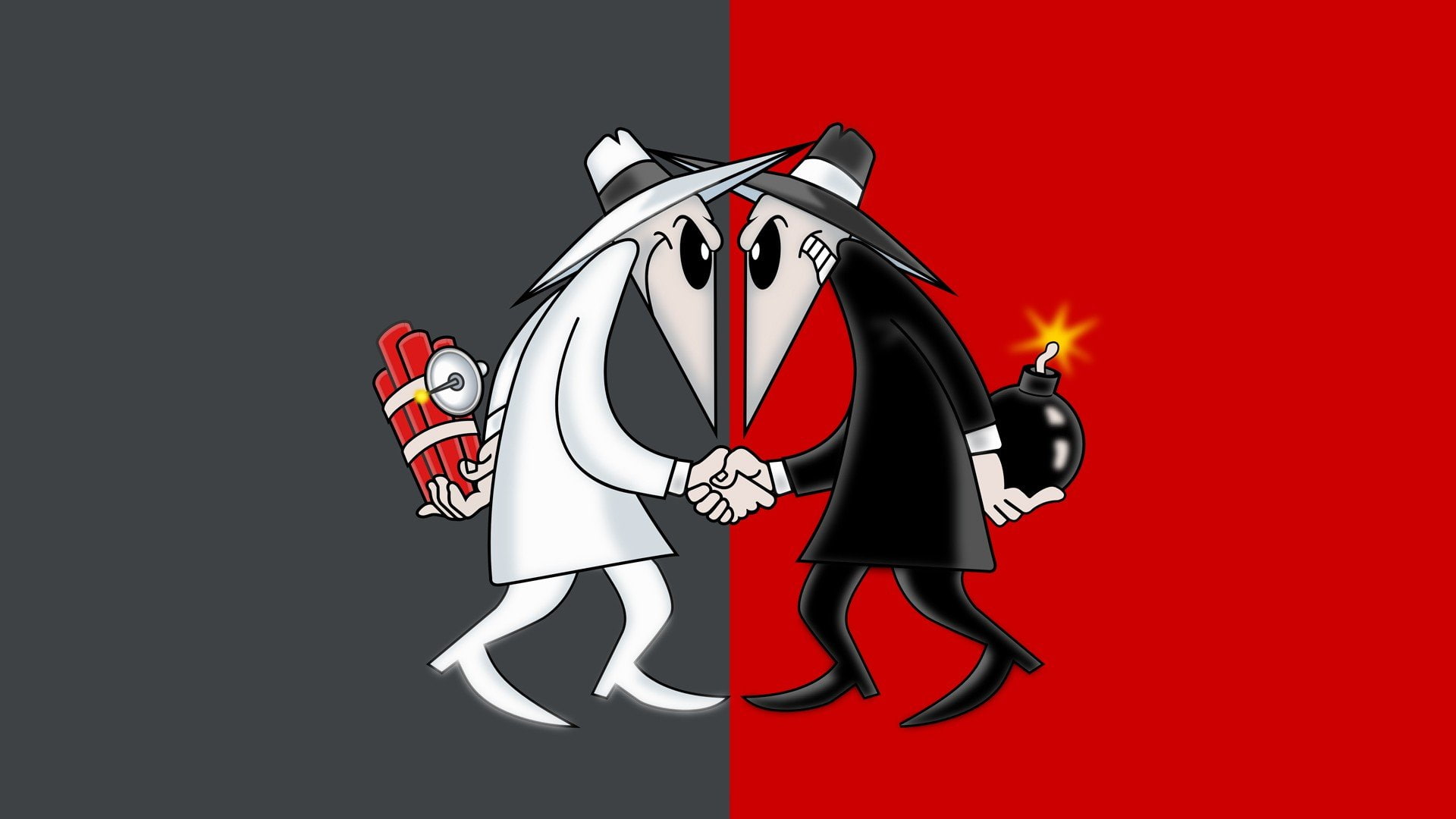 1080P, Spies, black, hat, split view, Dynamite, bombs, digital art, Handshake, video games, drawing, white, comics, Spy Vs Spy, Frown, HD Wallpaper