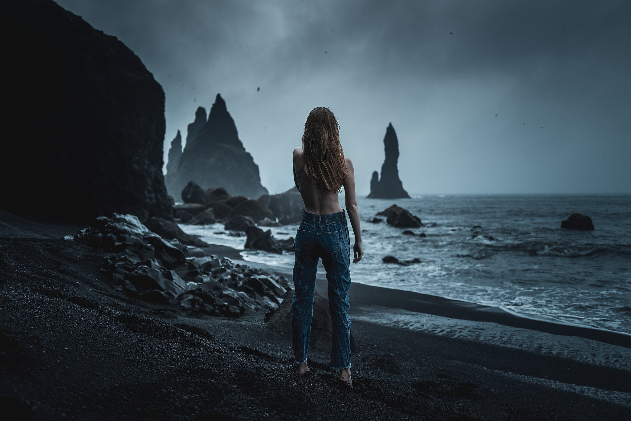 girl, black sand, All Is Violent, All Is Bright, 1080P, rocks, shore, Iceland, Camille Marotte, HD Wallpaper