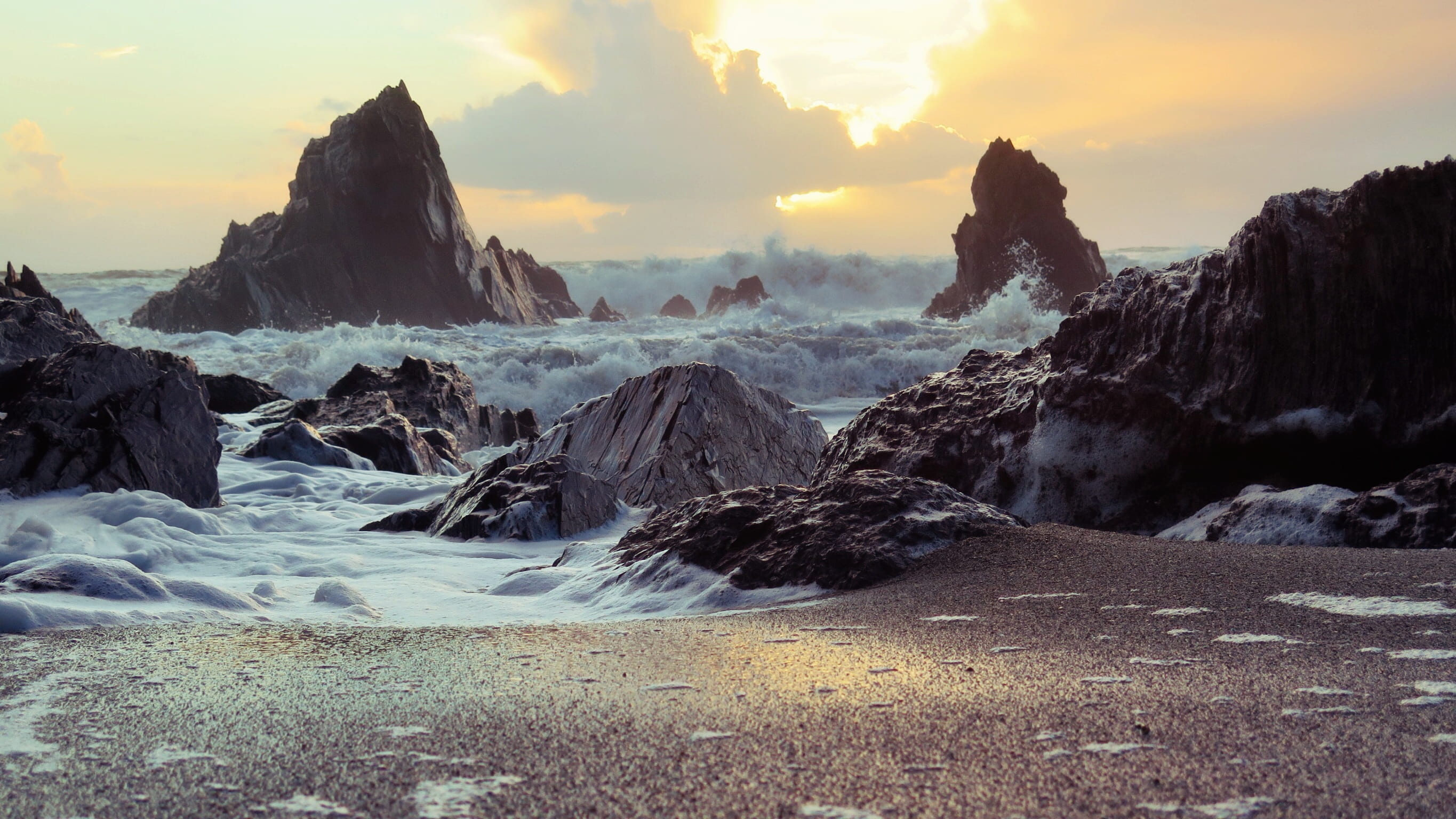 waves, formation, mountain, beach, nature, solid, violent, rocky, cliff, rock - object, tranquility, environment, scenics - nature, splashing, power in nature, HD Wallpaper