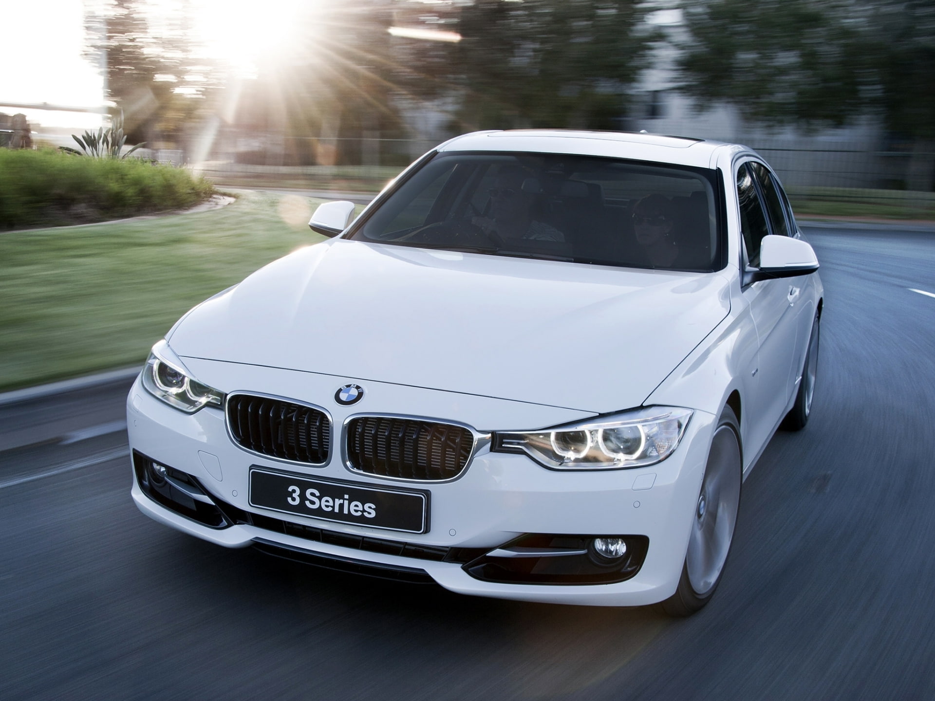 BMW, 1080P, sedan, sport line, coupe, the front, white, series, 328i, the sun, road, HD Wallpaper