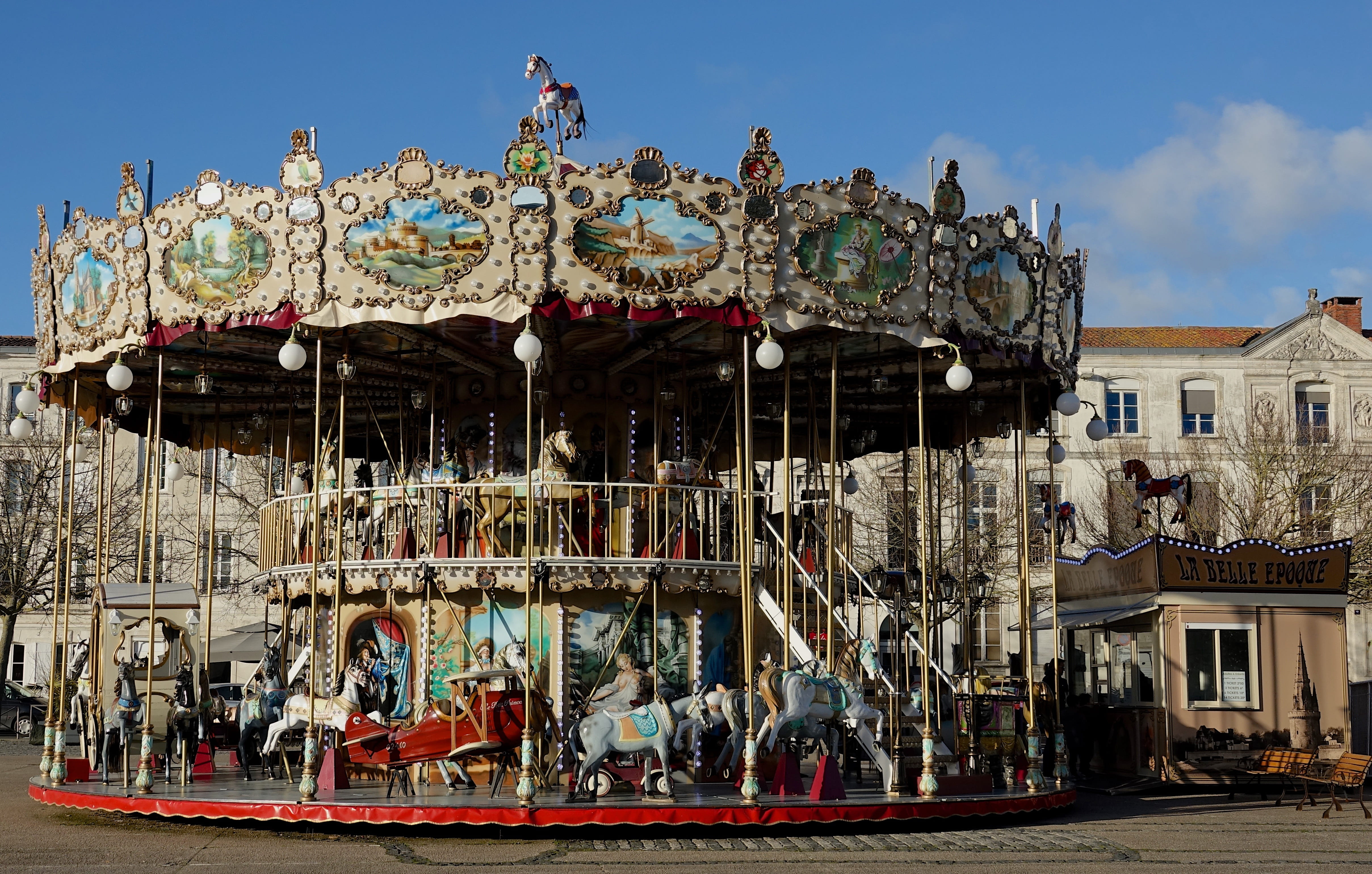 carousel, architecture, leisure activity, city, carnival - celebration event, animal representation, sky, parking verdun, no people, building exterior, HD Wallpaper