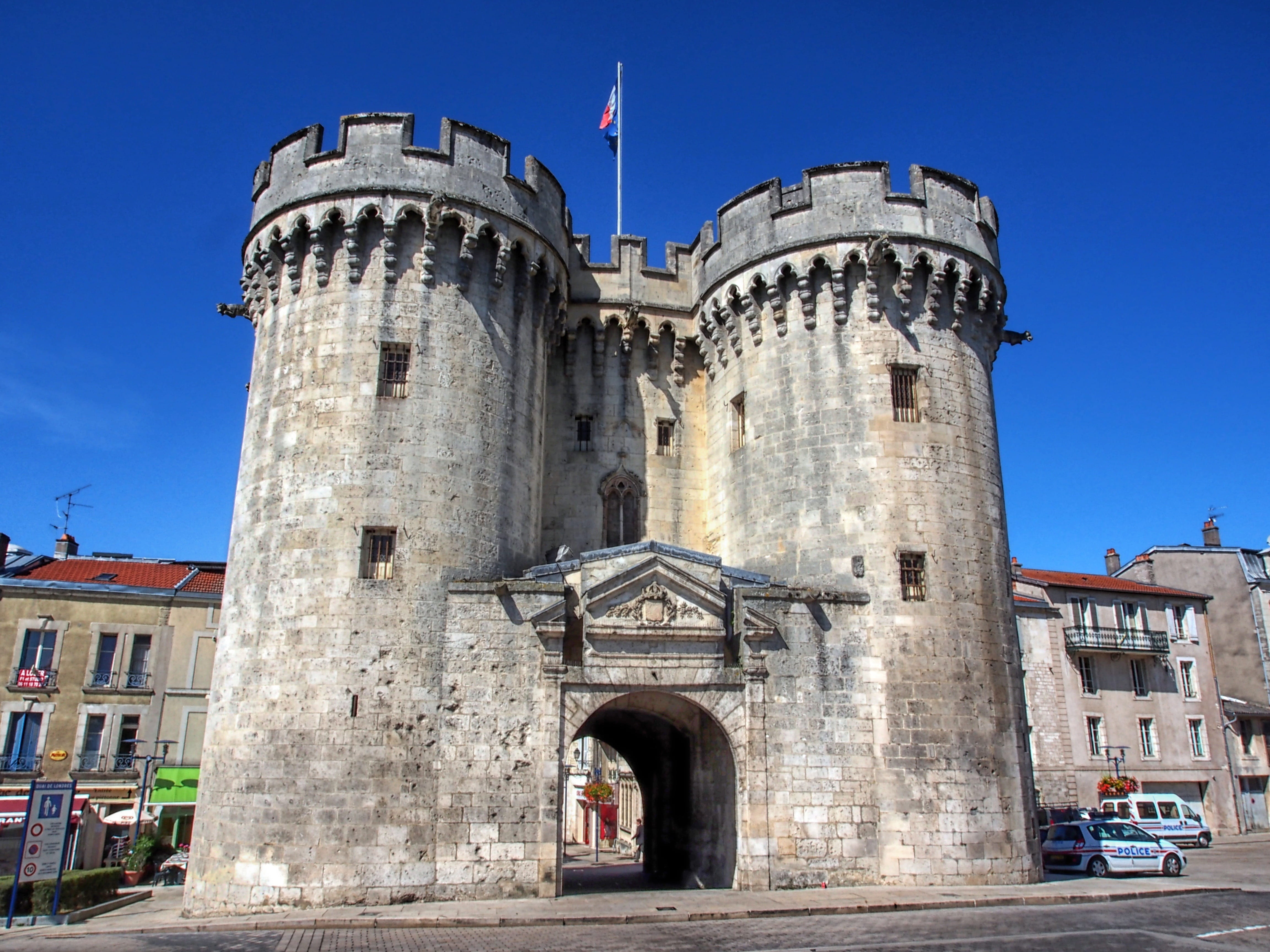 day, city, europe, building Exterior, France, tower, clouds, the past, clear sky, history, travel destinations, flag, Building, Verdun, blue, structure, HD Wallpaper