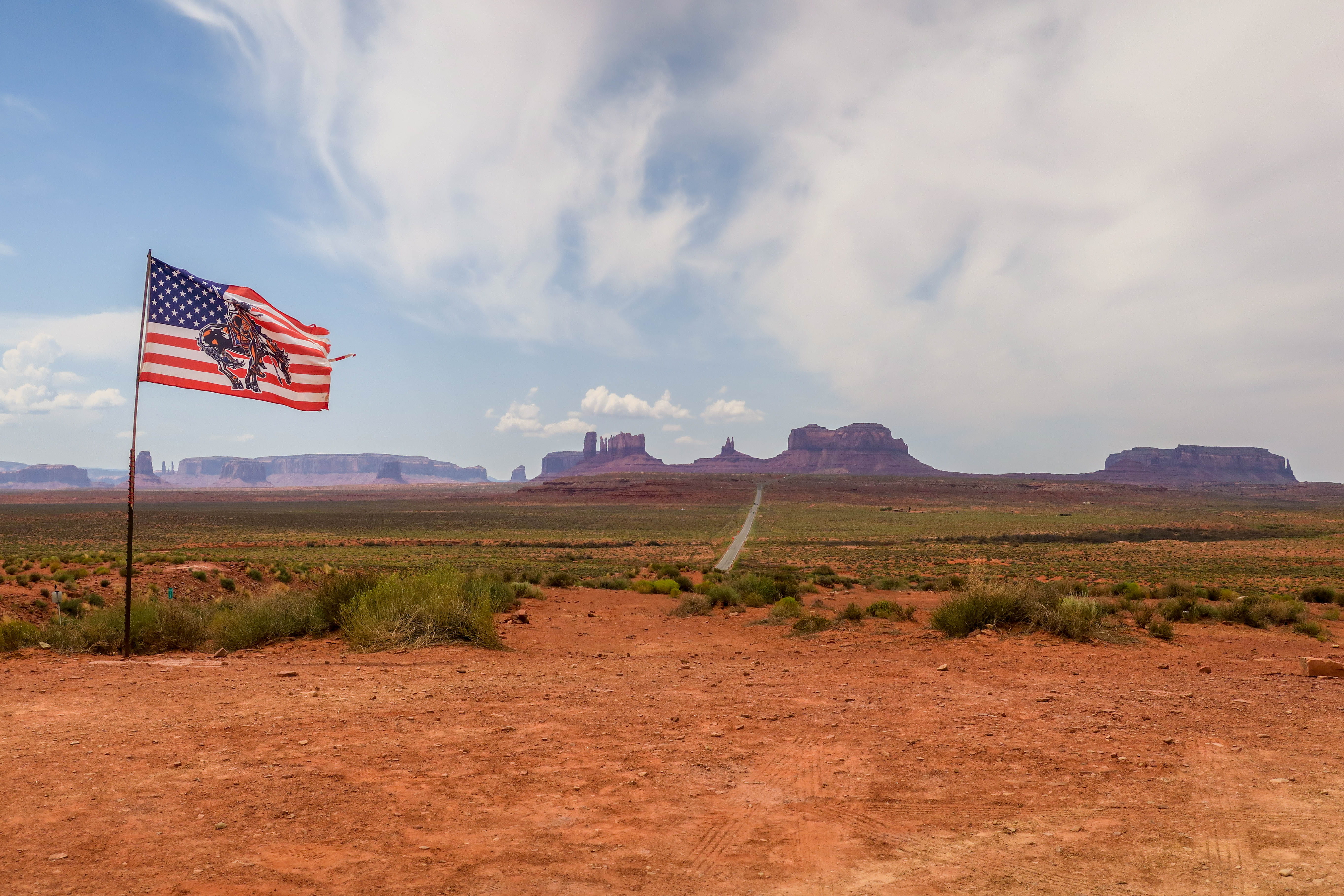 non-urban scene, cloud - sky, rocks, flag, patriotism, navajo nation, southwest, oljato-monument valley, environment, nature, plant, day, united states, HD Wallpaper