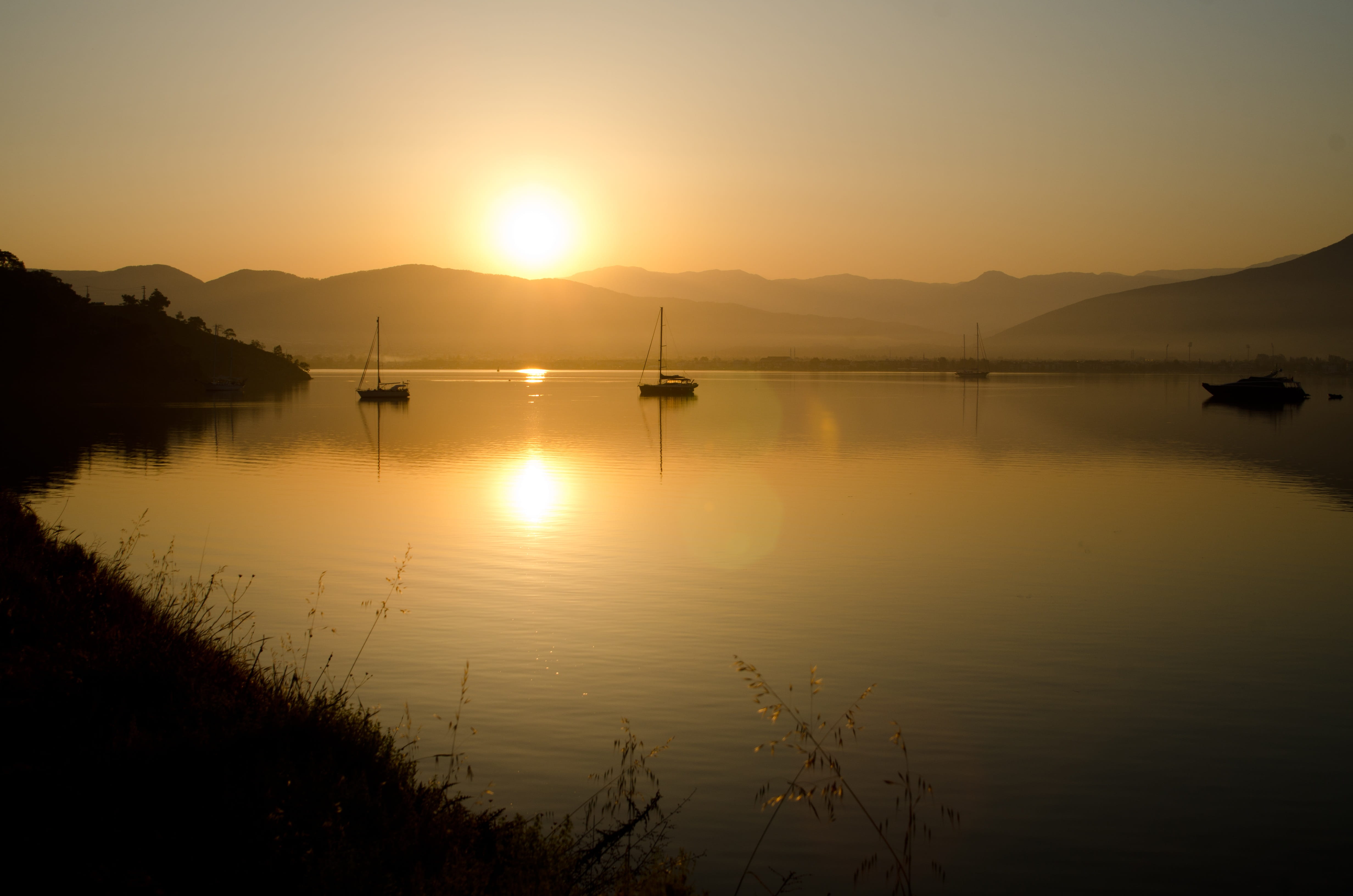 reflection, sky, water, sunrise, fethiye, mountain range, silhouette, idyllic, sailboat, beauty in nature, mode of transportation, turkey, no people, nature, HD Wallpaper