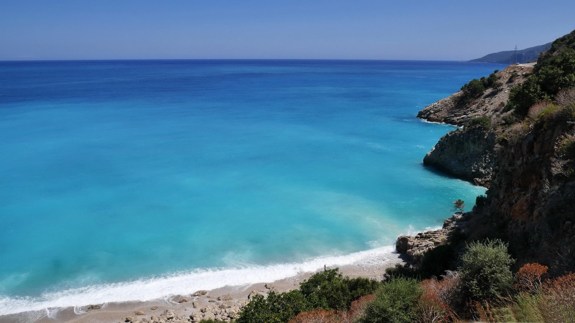 sea, coastline, 1080P, day, blue, outdoors, high angle view, horizon, beauty in nature, tranquil scene, oludeniz, hd, no people, tranquility, water, nature, HD Wallpaper