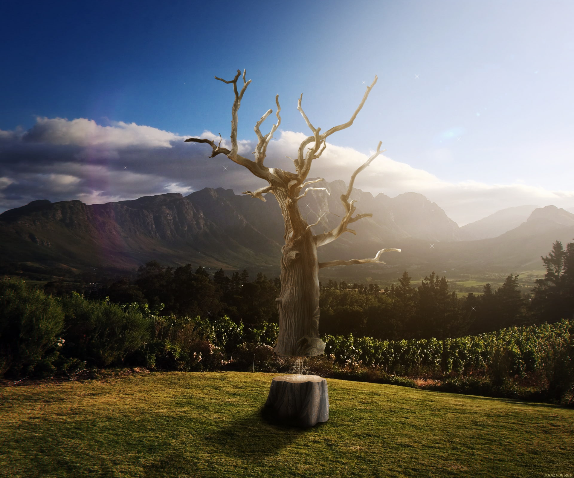 landscape, trees, tranquility, land, grass, sky, sunlight, outdoors, mountain, tree, tranquil scene, no people, dead plant, plant, beauty in nature, nature, HD Wallpaper