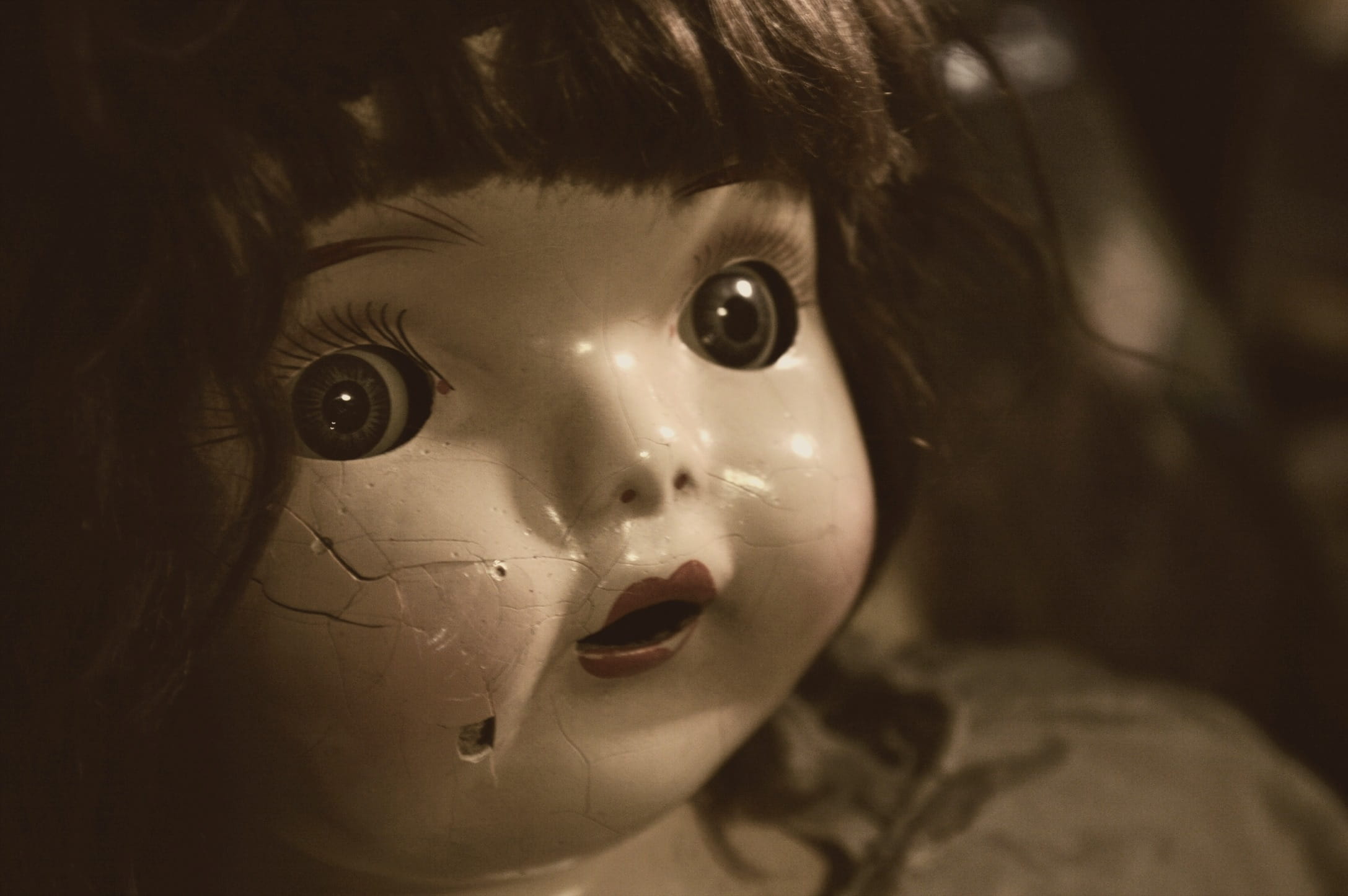 head, looking at camera, toy, human body part, representation, black, indoors, children only, damaged, face, scary, offspring, one person, retro, haired, HD Wallpaper