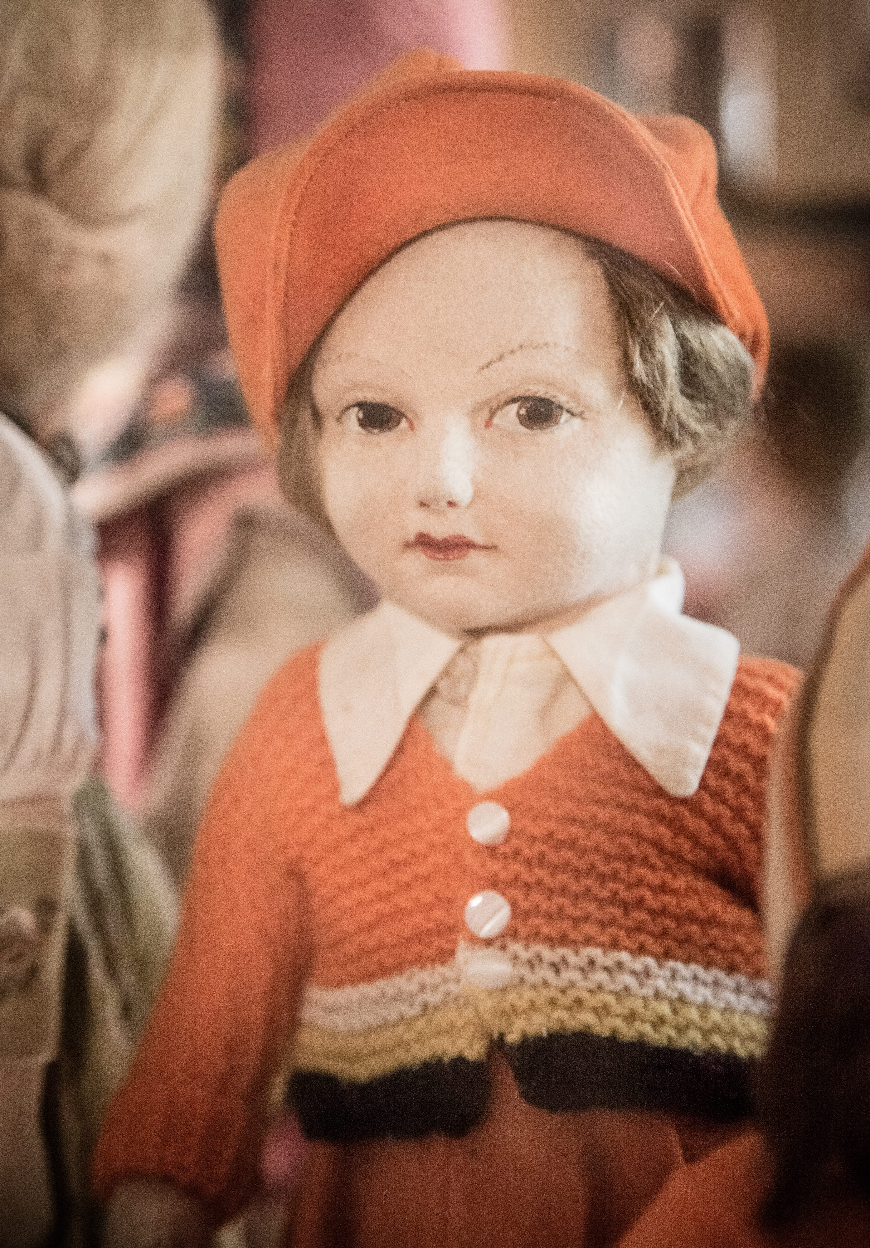 clothing, front view, doll, leurella gardens heritage house toy and railway museum, lifestyles, orange jumper, women, portrait, vintage, hand painted, play, Phone HD Wallpaper