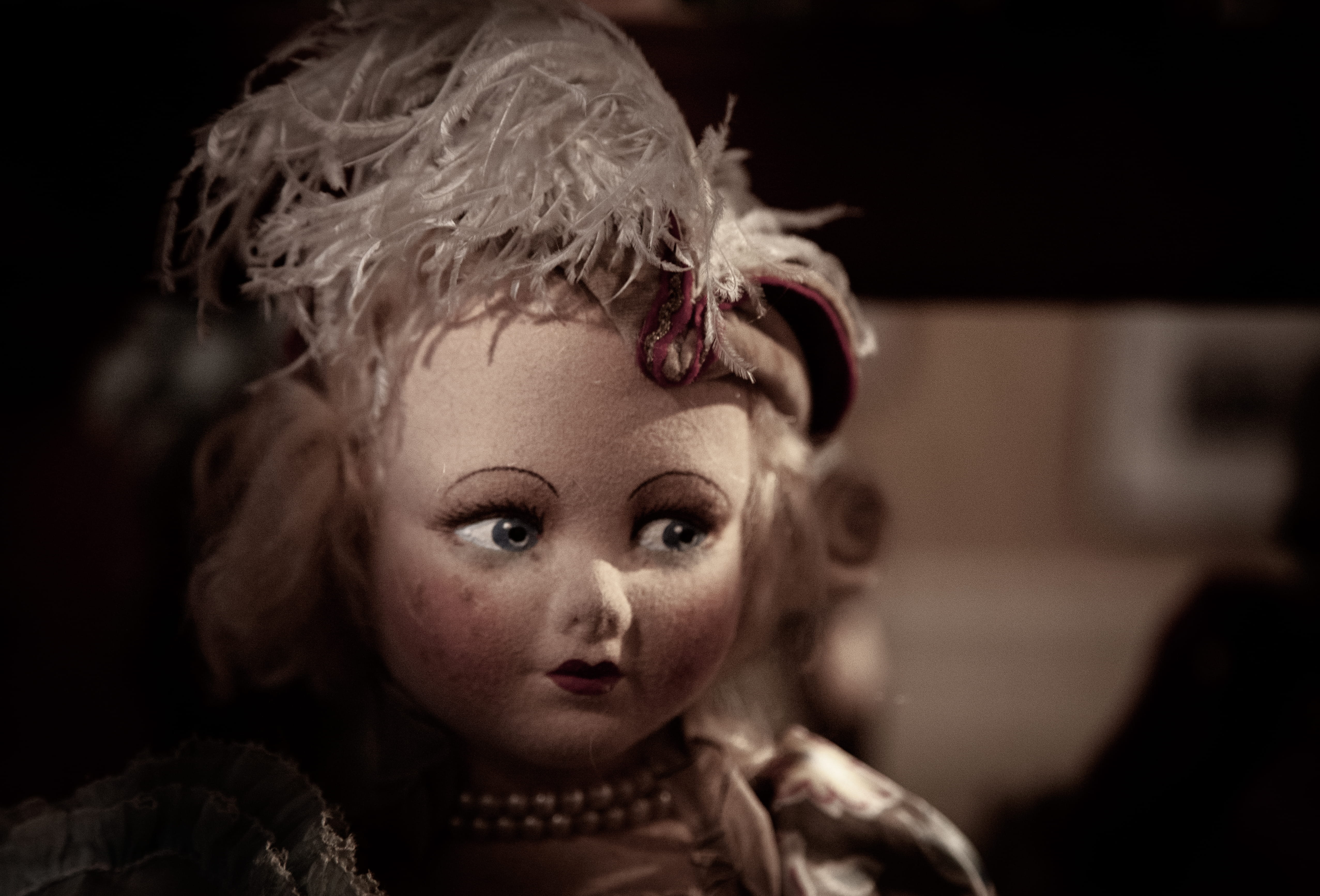 shadows, looking at camera, play, close-up, hair, feathers, 4K, hand painted, hairstyle, pink cheeks, portrait, toy, blue eyes, focus on foreground, indoors, HD Wallpaper